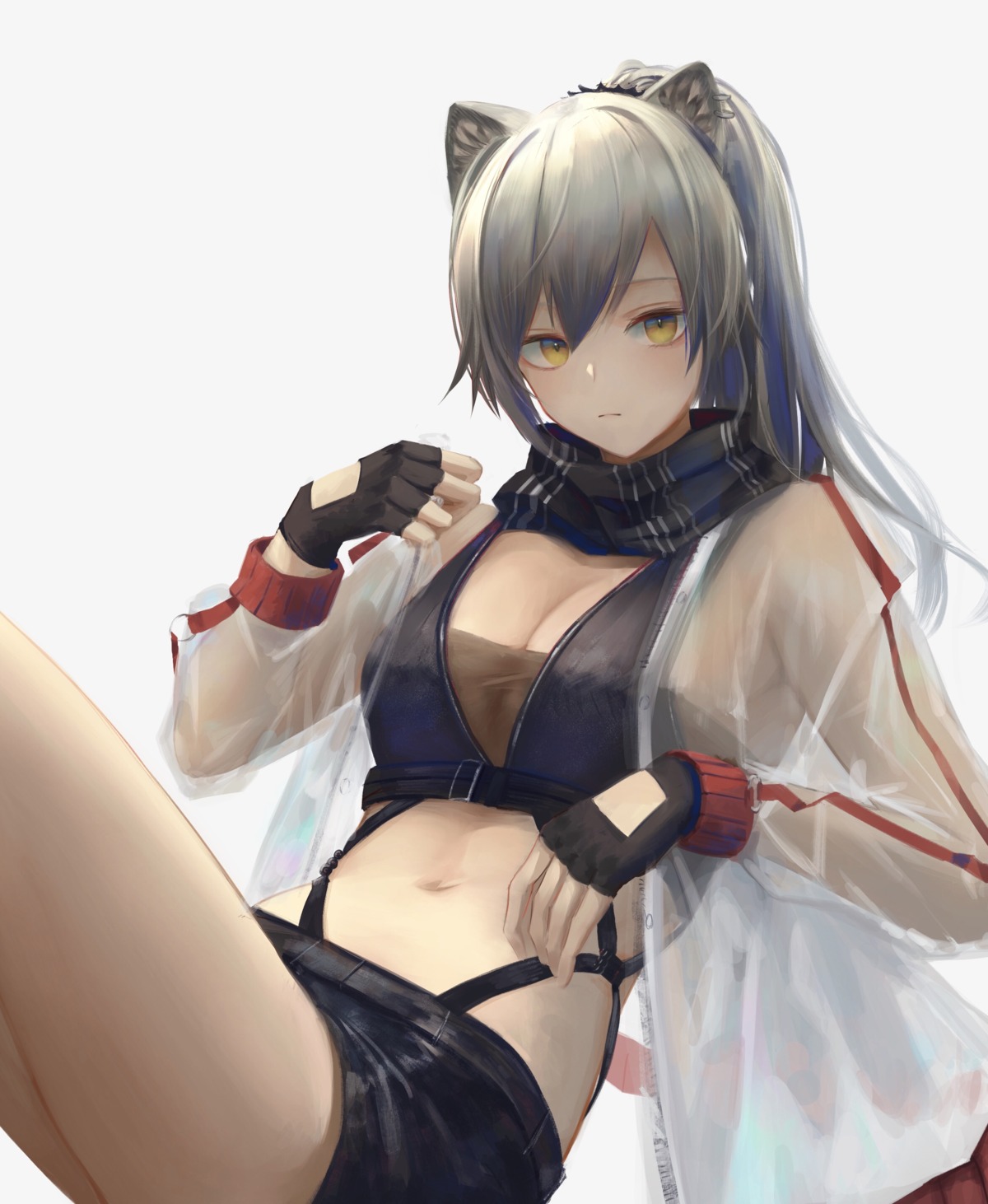 7ife animal_ears arknights open_shirt schwarz_(arknights) see_through