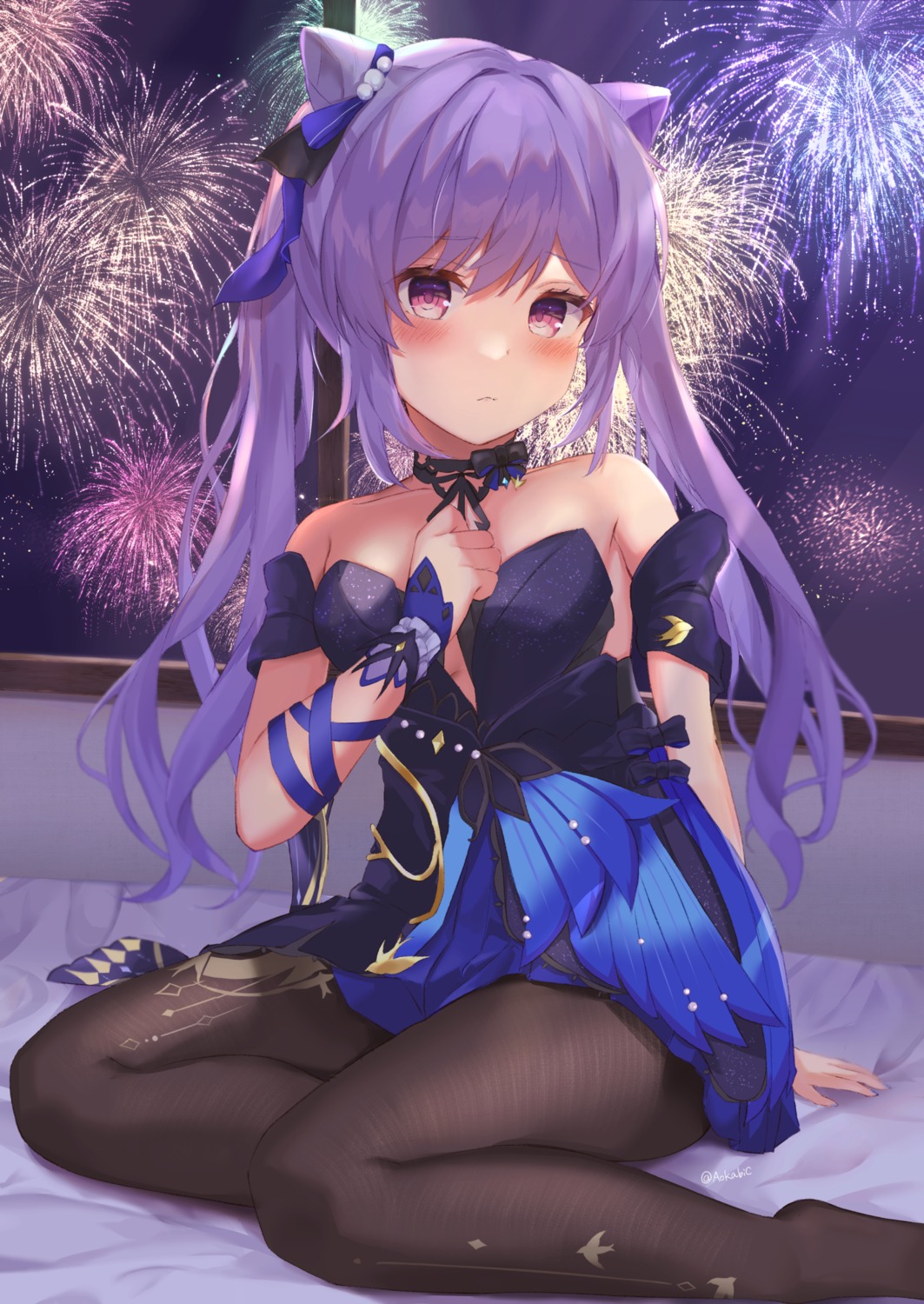 aokabi_(aokabic) dress genshin_impact keqing no_bra pantyhose