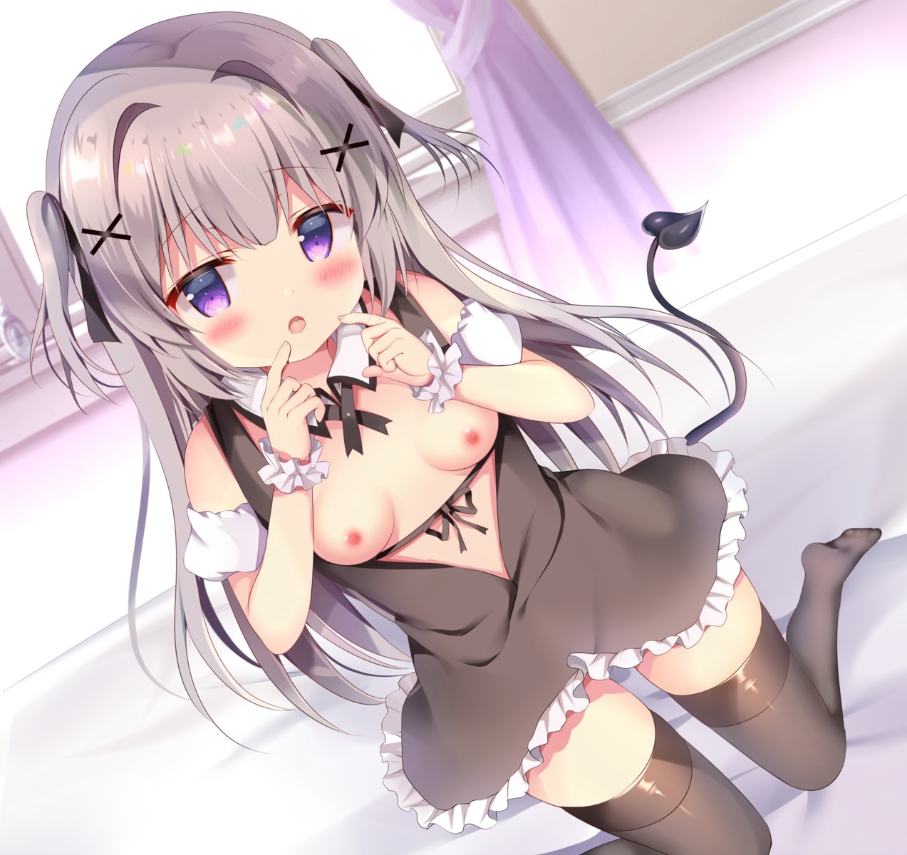 azumi_kazuki breasts dress loli nipples no_bra open_shirt skirt_lift tail thighhighs