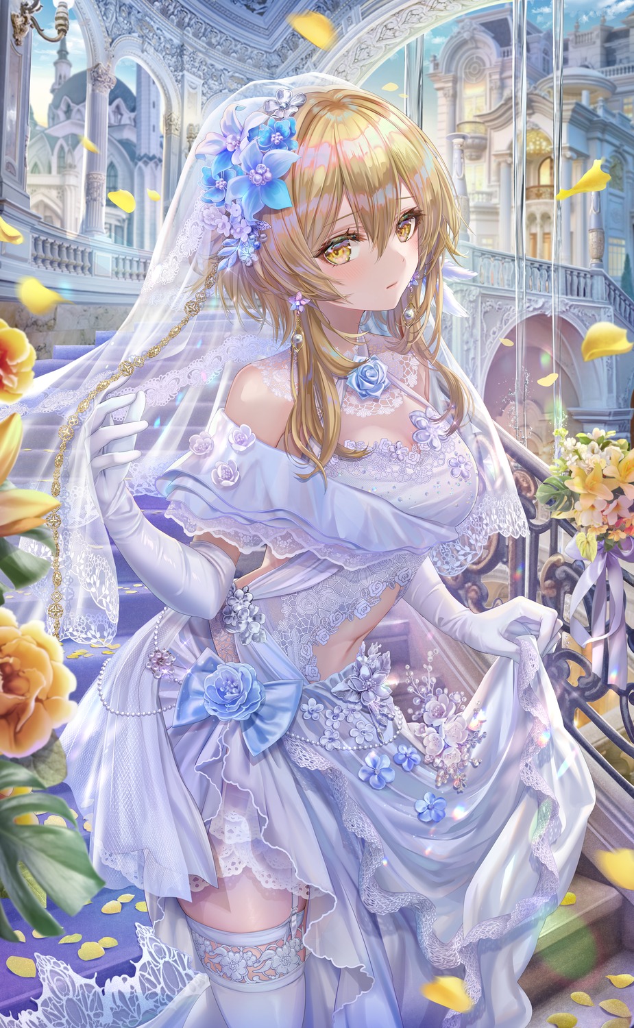 dress genshin_impact lumine no_bra see_through stockings thighhighs torino_akua wedding_dress