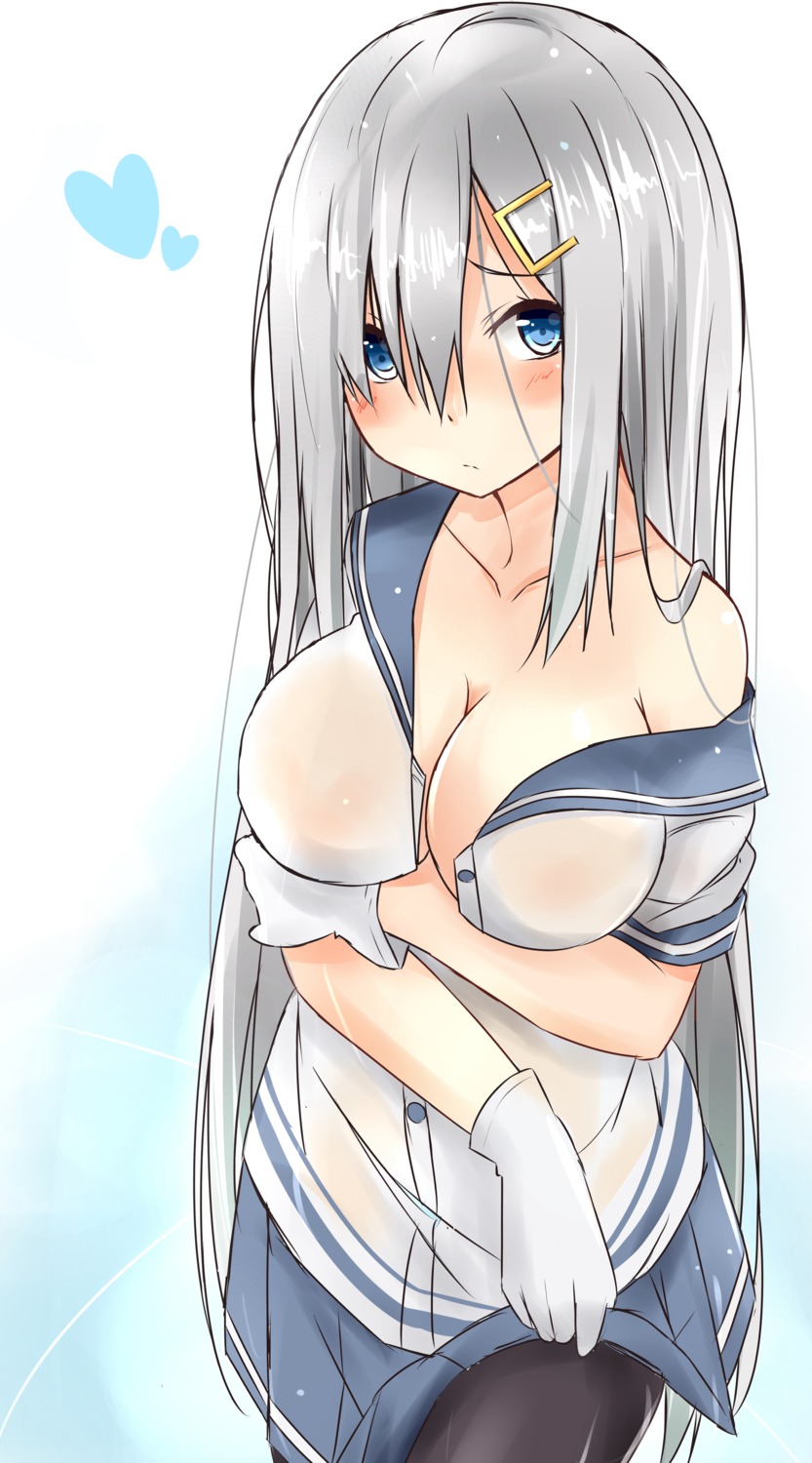 breast_hold cleavage hamakaze_(kancolle) kantai_collection no_bra open_shirt pantyhose saku_(kudrove) see_through skirt_lift