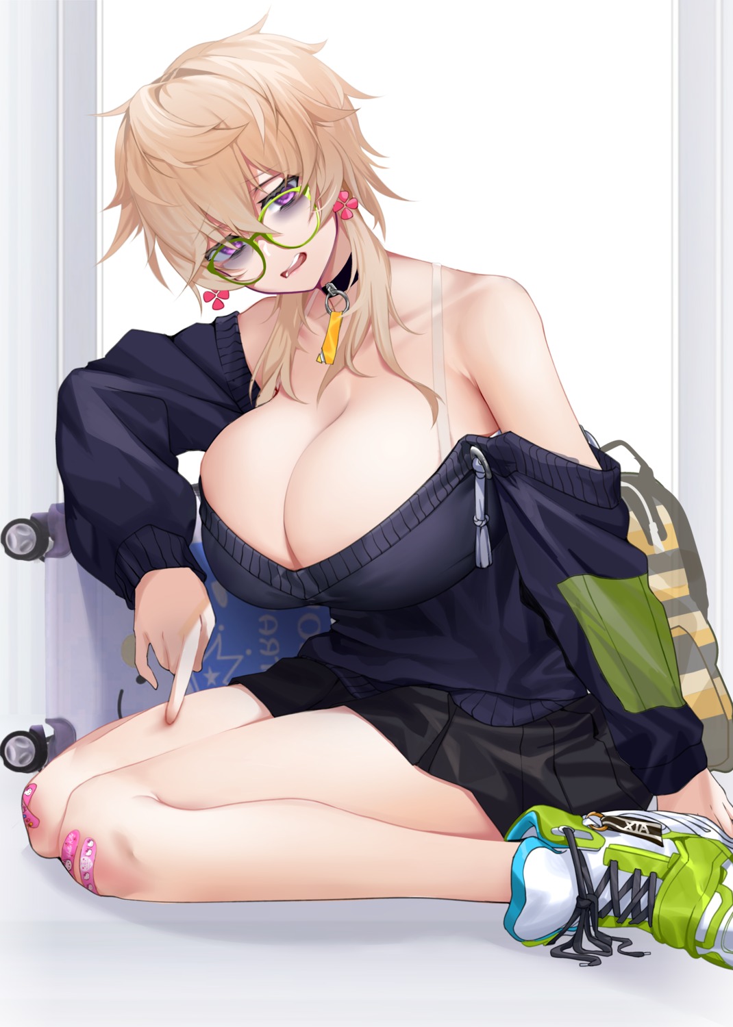 bandaid megane no_bra open_shirt skirt_lift sweater xiujia_yihuizi