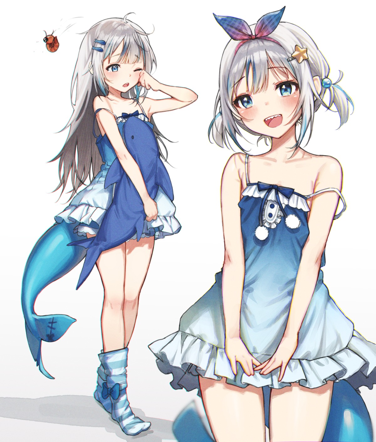 dress gawr_gura hololive hololive_english no_bra summer_dress tail tenchi_mayo wardrobe_malfunction