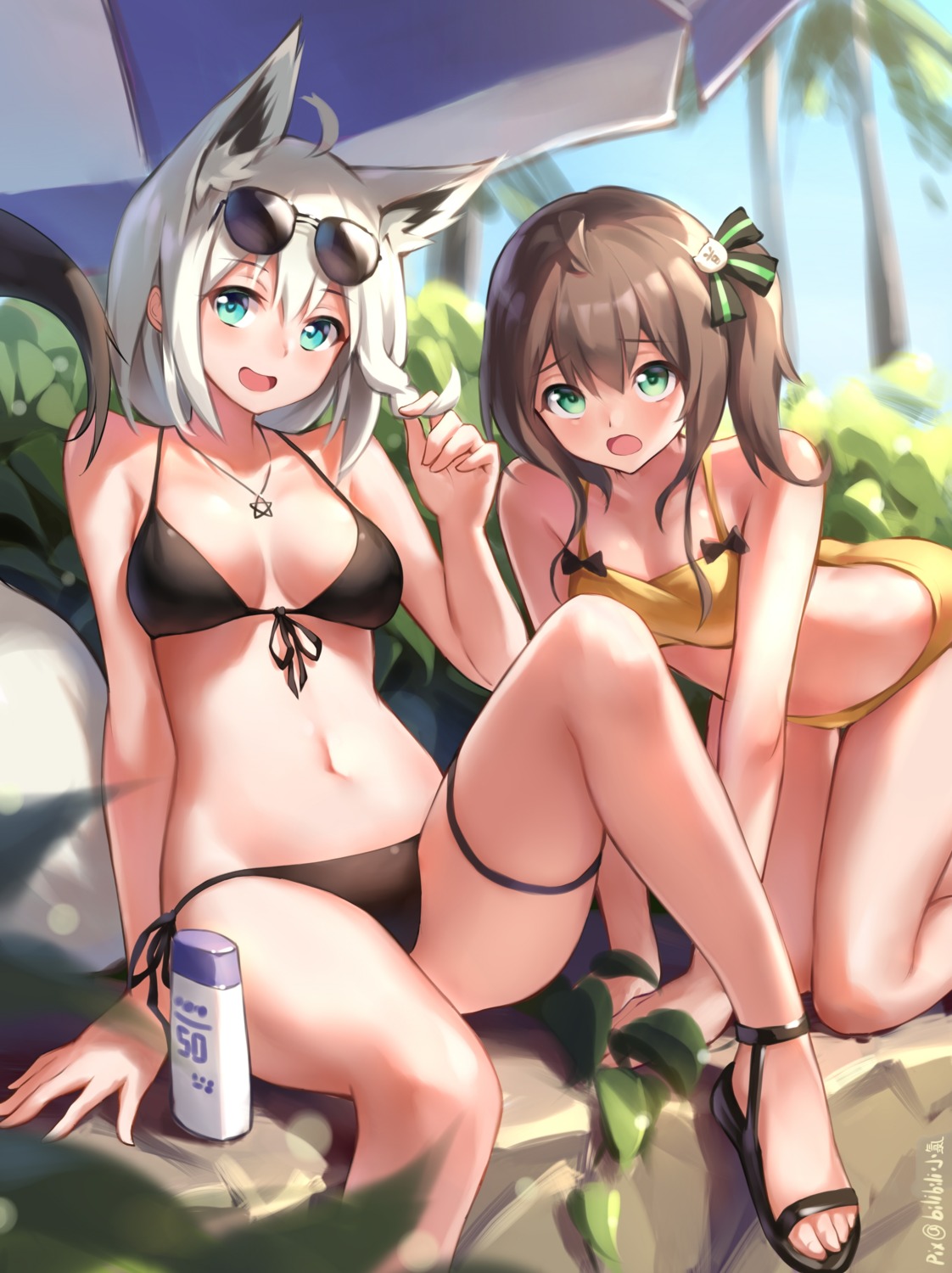 animal_ears bikini bilibili_xiaolu cleavage garter hololive hololive_gamers kitsune megane natsuiro_matsuri shirakami_fubuki swimsuits tail