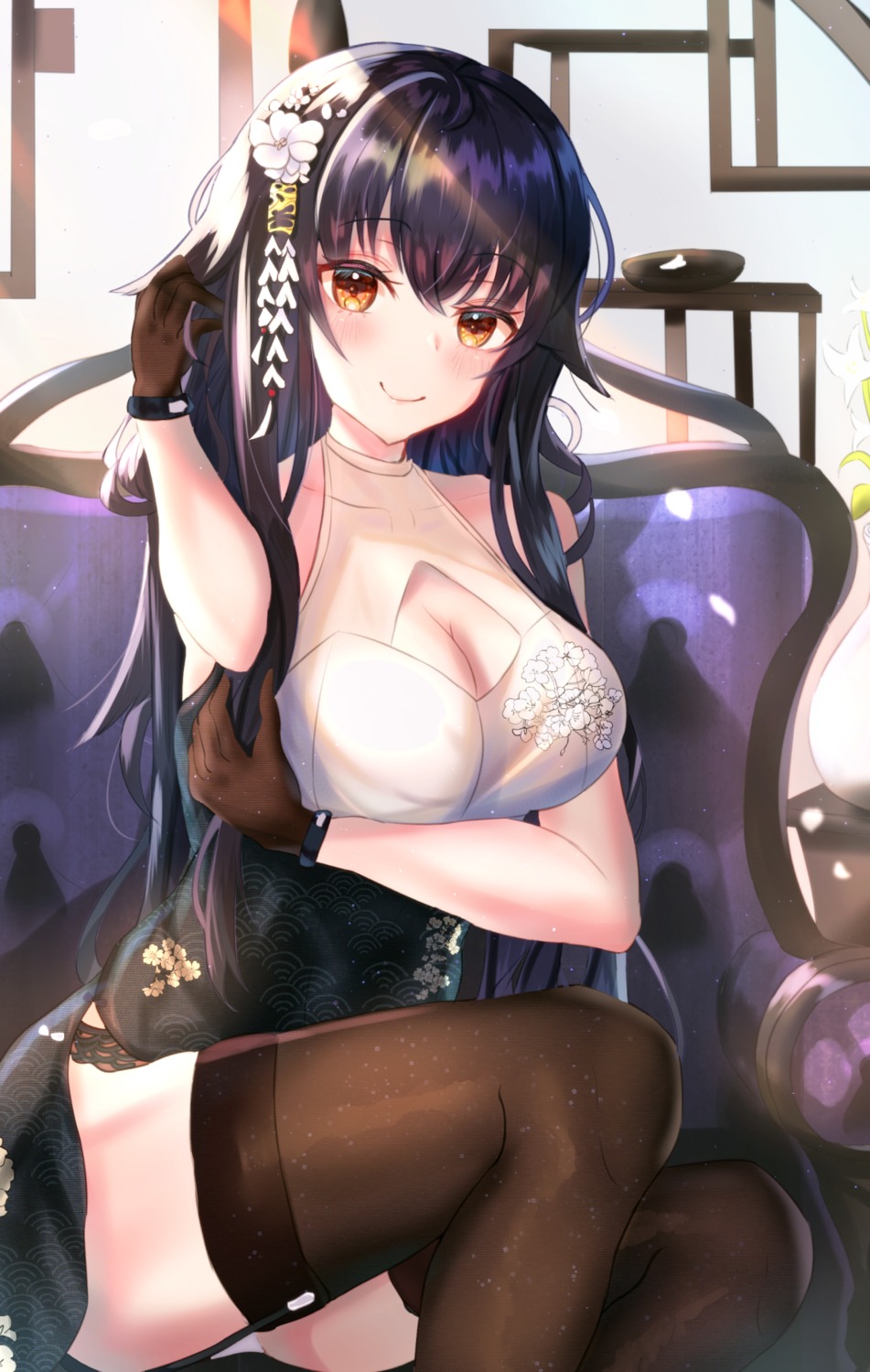 azuma_(azur_lane) azur_lane breast_hold chinadress cleavage panipo pantsu skirt_lift stockings thighhighs