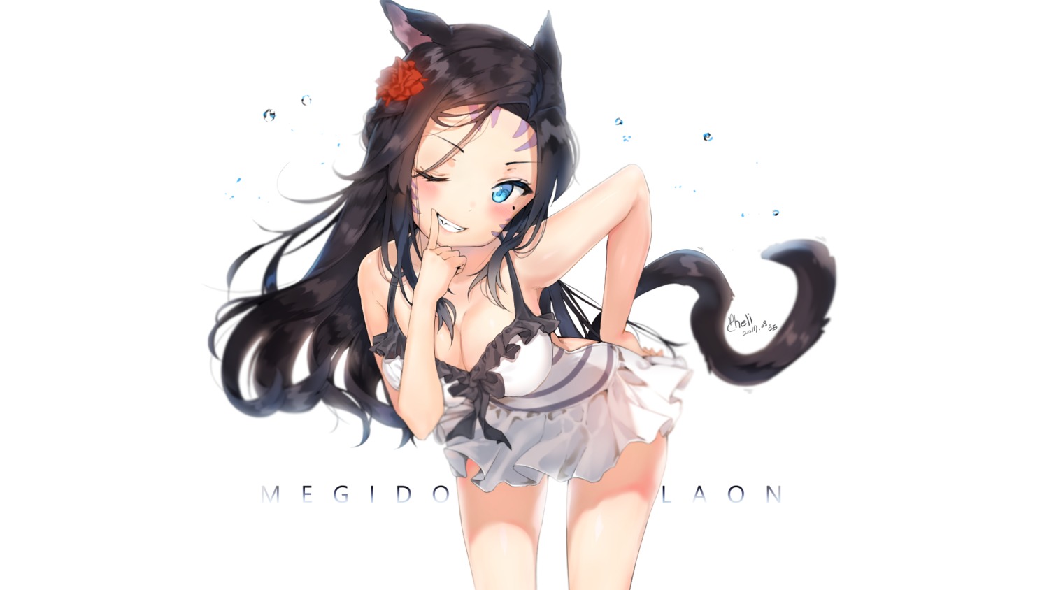 animal_ears cheli_(kso1564) cleavage dress final_fantasy final_fantasy_xiv miqo'te tail