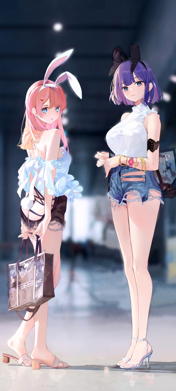 animal_ears ass bunny_ears eggs_zero heels no_bra nopan tail torn_clothes