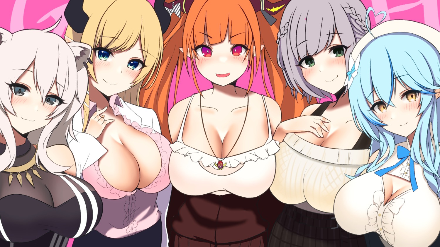 animal_ears cleavage elf hayz hololive horns kiryuu_coco no_bra open_shirt pointy_ears see_through shirogane_noel shishiro_botan sweater yukihana_lamy yuzuki_choco