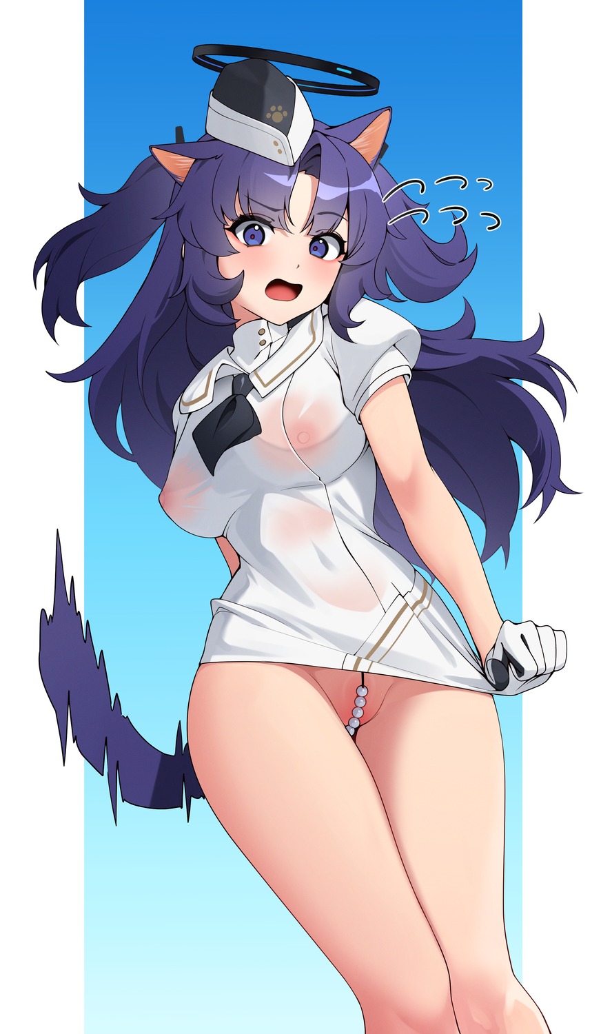 animal_ears blue_archive ett halo hayase_yuuka nekomimi nipples no_bra nopan see_through skirt_lift tail thong uniform