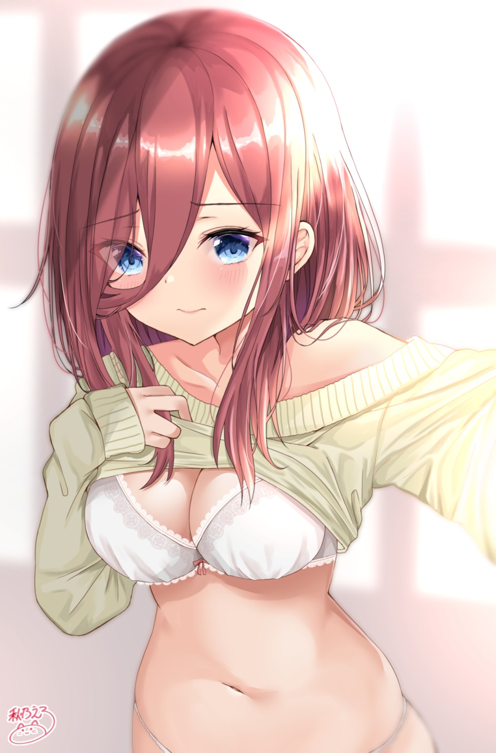 5-toubun_no_hanayome akino_ell bra cleavage nakano_miku pantsu shirt_lift sweater