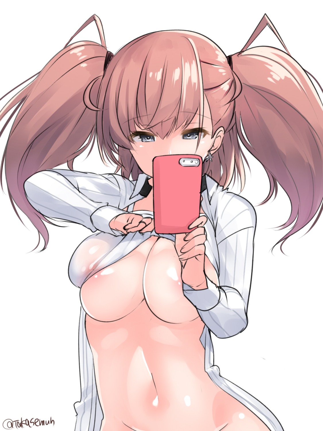 areola atlanta_(kancolle) breasts kantai_collection nipples no_bra nopan open_shirt see_through takase_muu