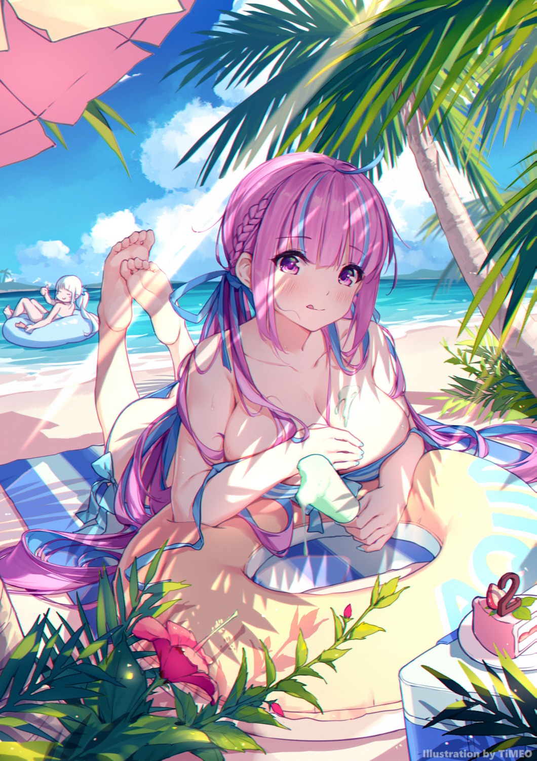 bikini breast_hold cream feet hololive kagura_mea kagura_mea_channel minato_aqua swimsuits timeo