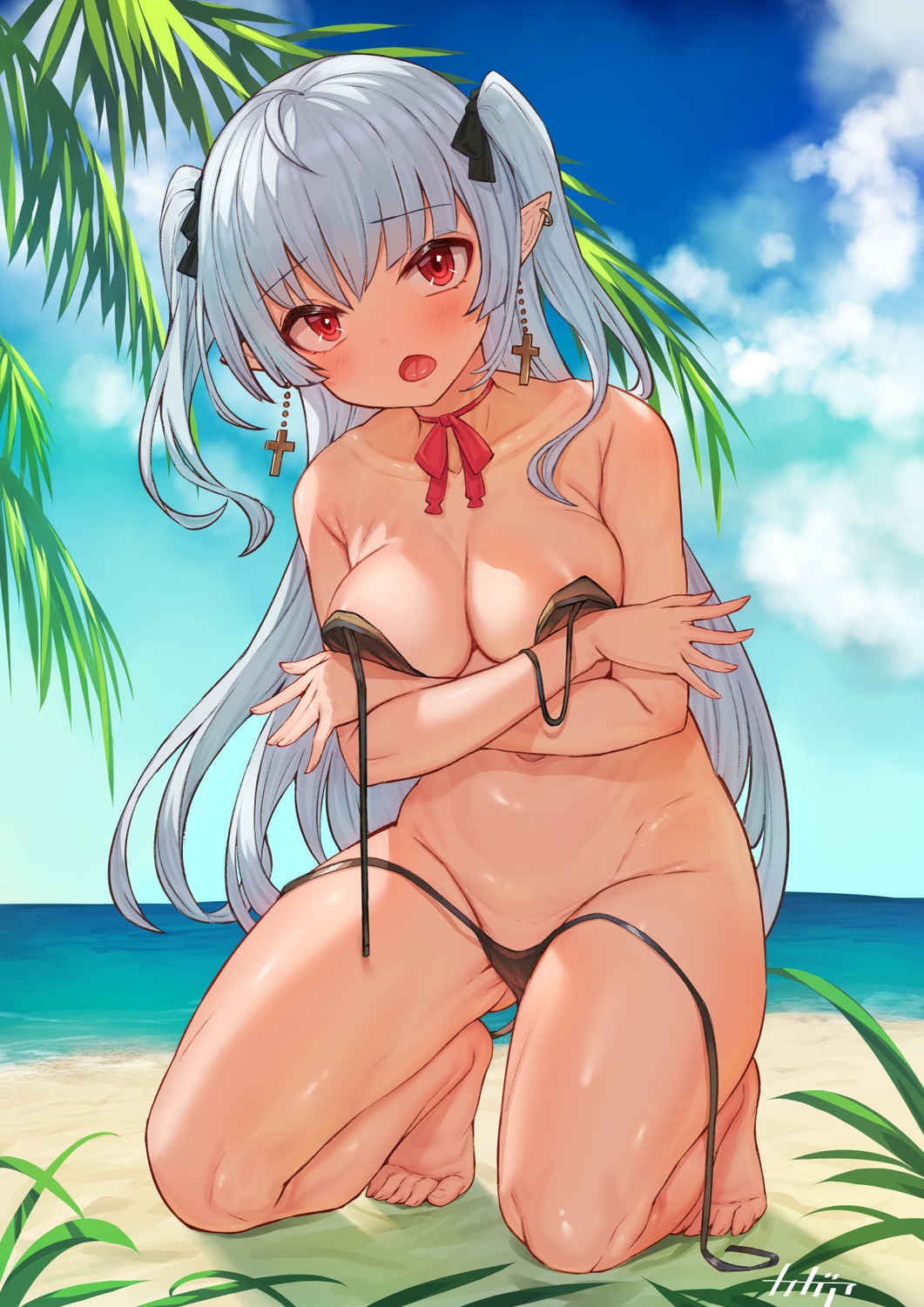 arpeggio_kaga bikini breast_hold panty_pull pointy_ears swimsuits wardrobe_malfunction