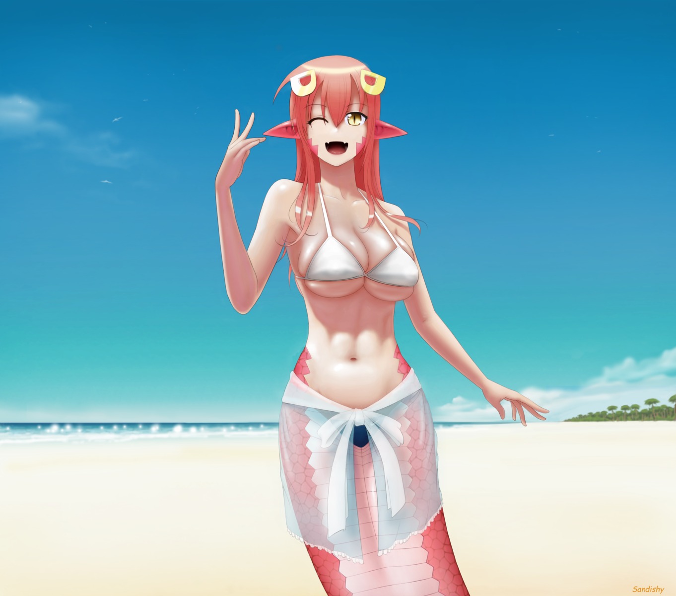 bikini miia_(monster_musume) monster_girl monster_musume_no_iru_nichijou pointy_ears sandishy see_through swimsuits tail