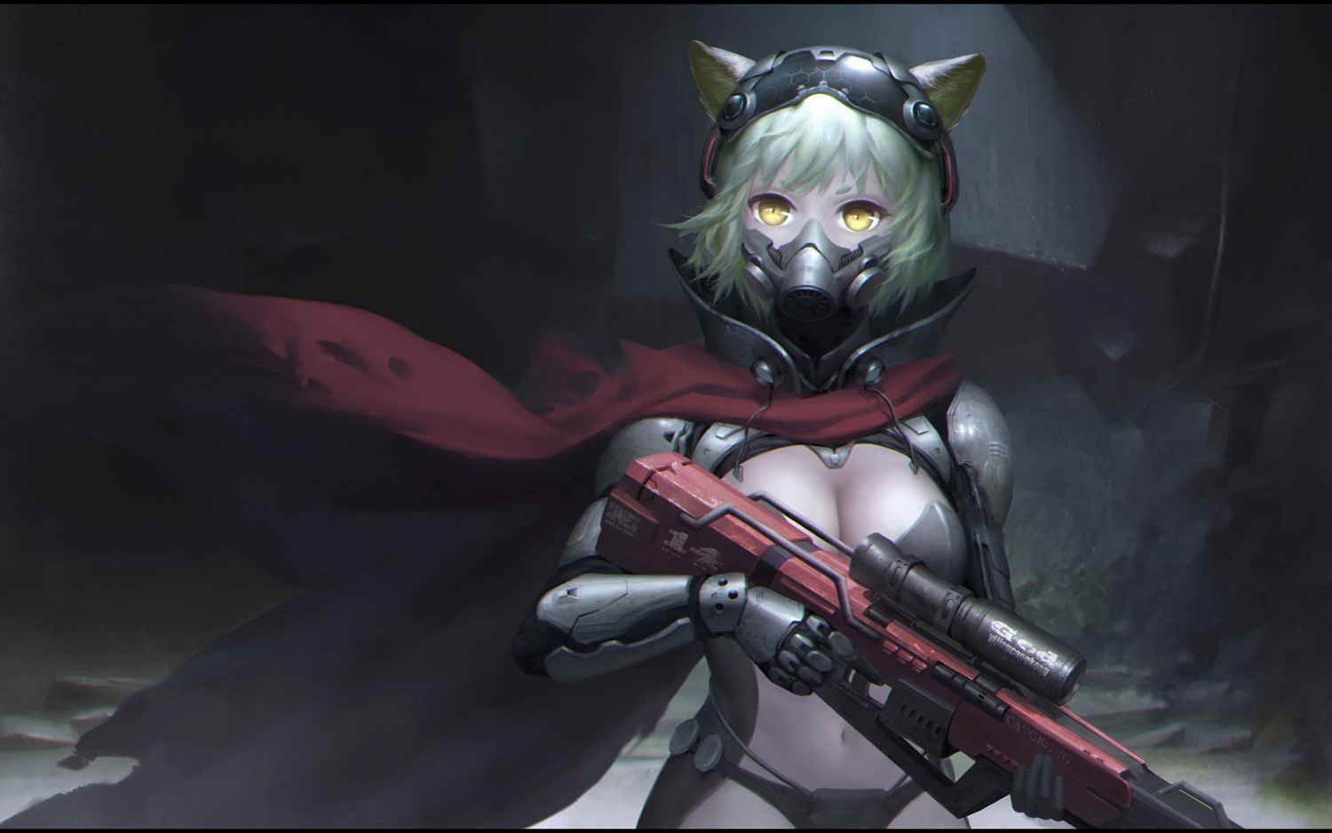 animal_ears armor bikini_armor cleavage gun wallpaper yijian_ma