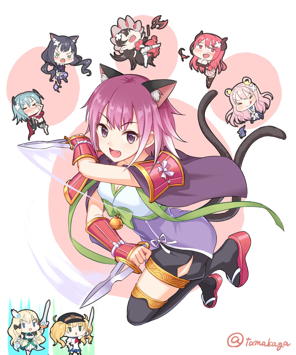 animal_ears armor chibi cleavage hasekura_io hiiragi_anna ilya_ornstein japanese_clothes karyl_(princess_connect) kashiwazaki_hatsune miyasaka_tamaki monika_weisswind nekomimi princess_connect princess_connect!_re:dive sasaki_saren sword tail tamakaga thighhighs weapon