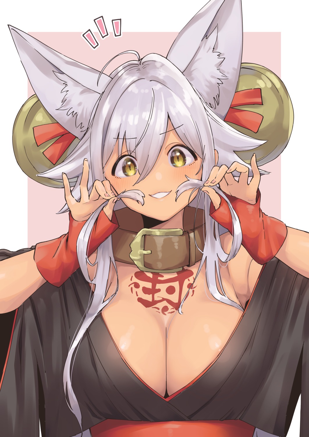 animal_ears herio japanese_clothes no_bra open_shirt tattoo