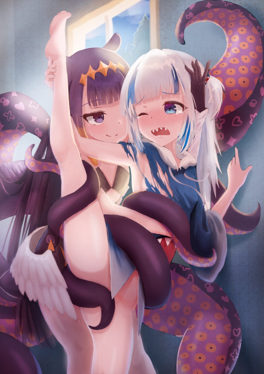 bondage bottomless gawr_gura hololive hololive_english karorena loli ninomae_ina'nis no_bra tentacles torn_clothes wings yuri