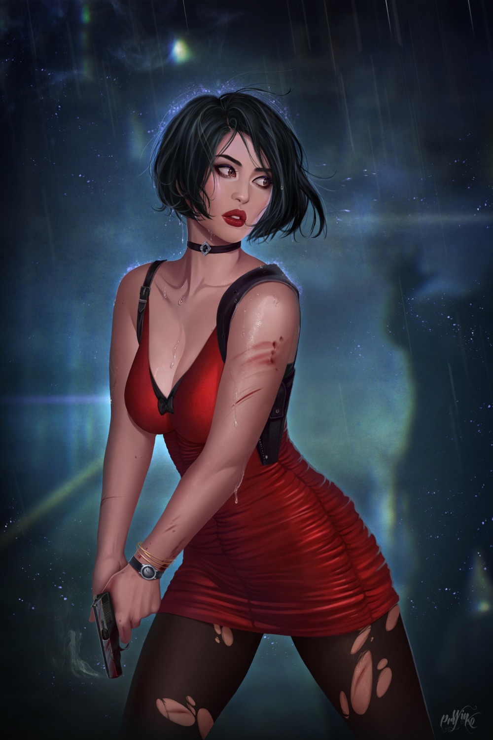 ada_wong blood cleavage dress gun no_bra pantyhose prywinko resident_evil torn_clothes wet