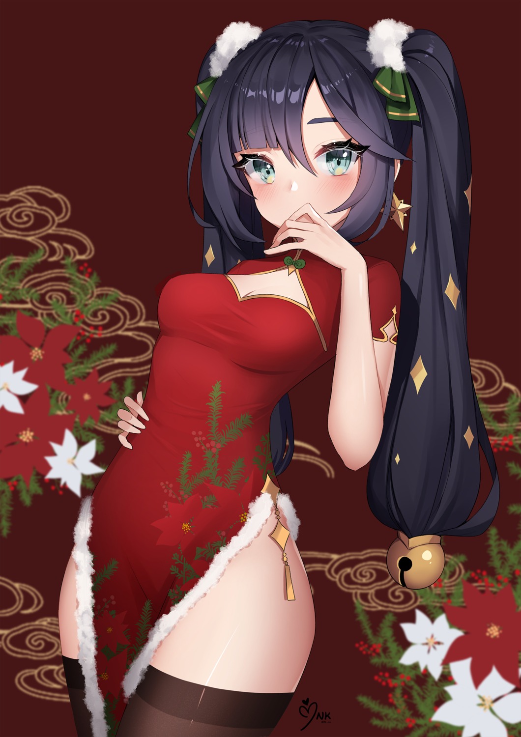 ankkoyom chinadress christmas cleavage genshin_impact mona_megistus thighhighs