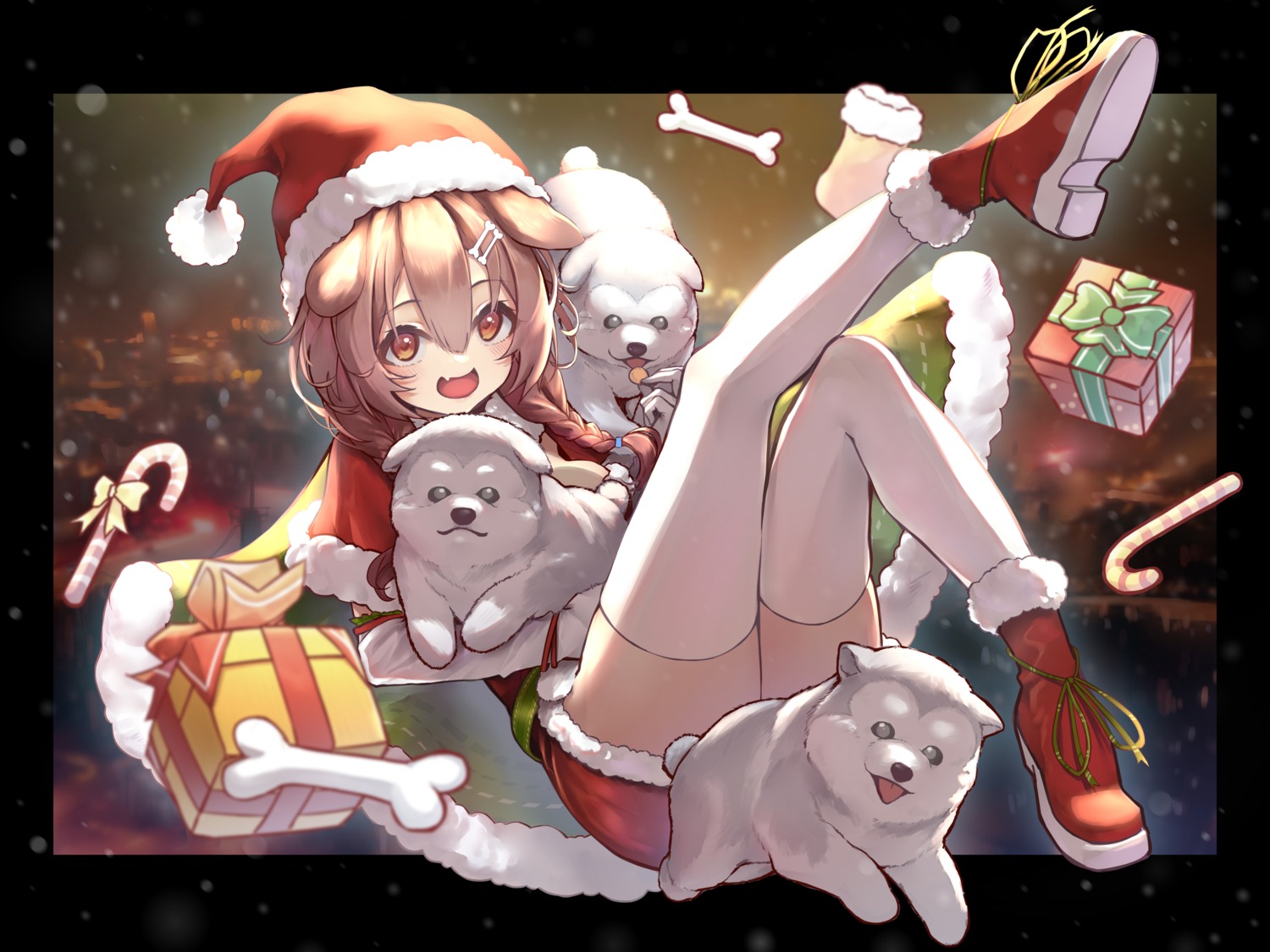 animal_ears christmas dress hololive hololive_gamers inugami_korone inumimi skirt_lift terebi_(shimizu1996) thighhighs