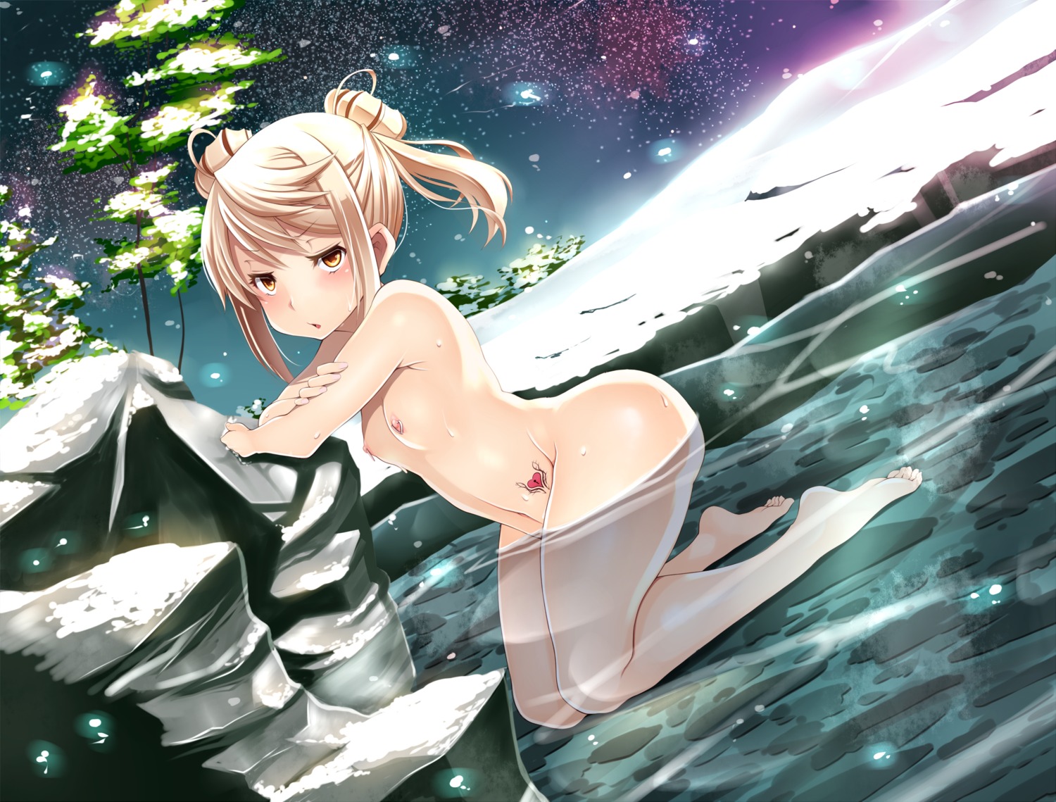 kantai_collection lob-ster loli michishio_(kancolle) naked nipples onsen tattoo wet