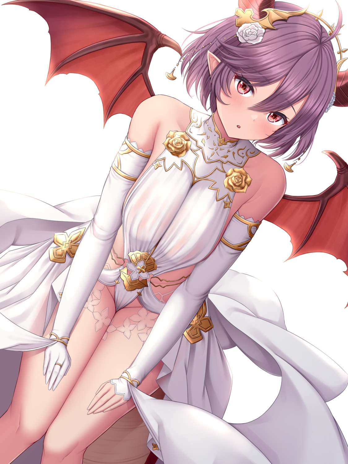 dress granblue_fantasy grea horns manaria_friends melopun no_bra pointy_ears see_through shingeki_no_bahamut tail wedding_dress wings