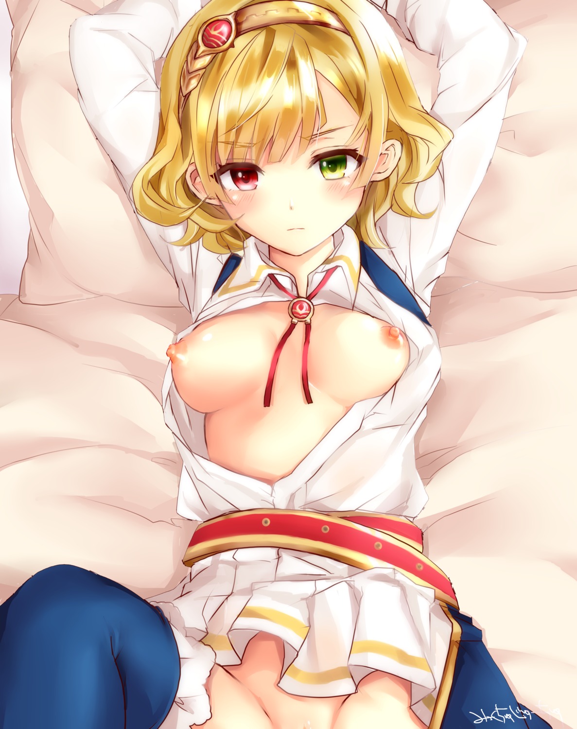 breasts charlotte_(shironeko_project) heterochromia mix_juice nipples no_bra nopan open_shirt shironeko_project thighhighs