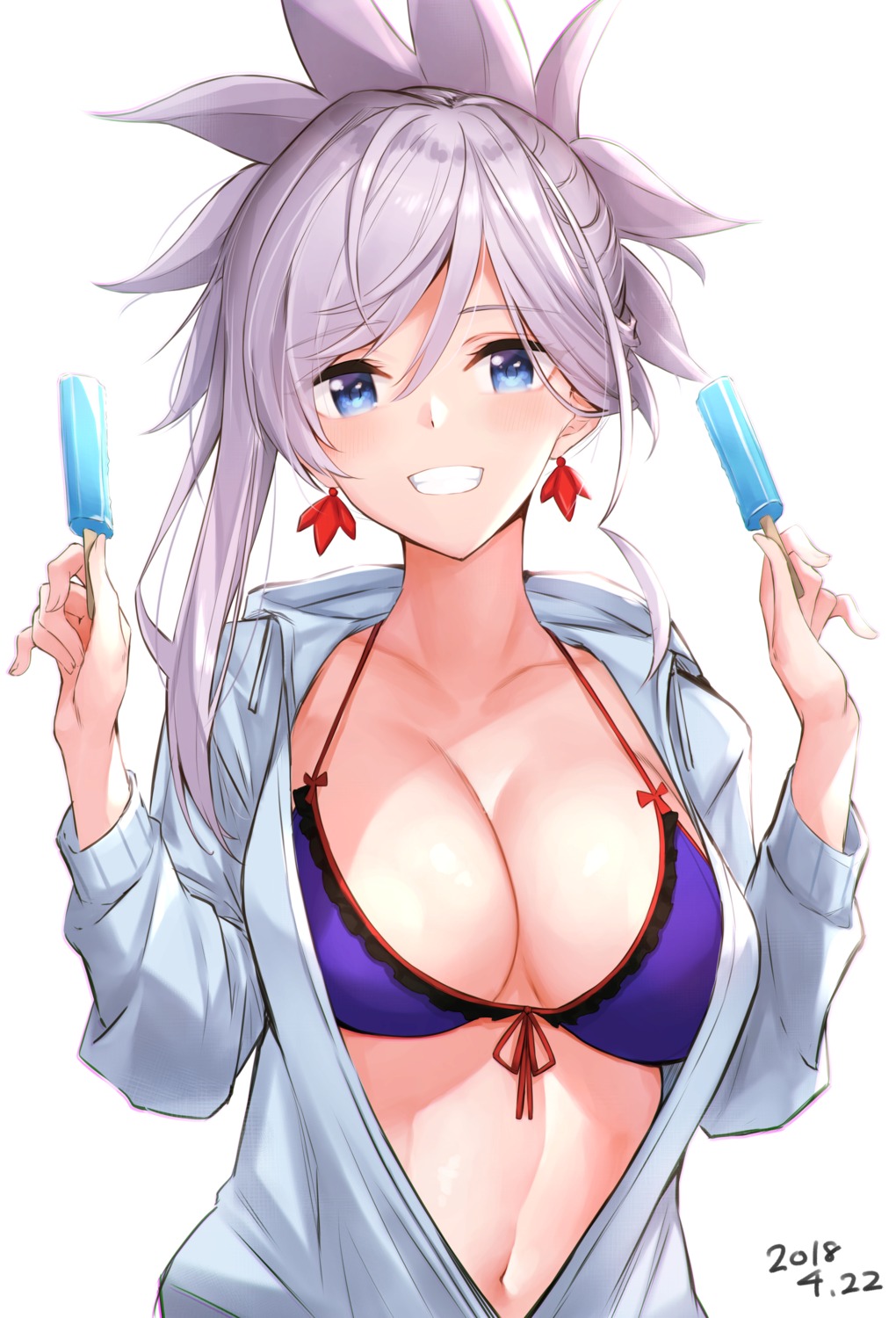 anza_tomo bikini_top cleavage fate/grand_order miyamoto_musashi_(fate) open_shirt sweater swimsuits