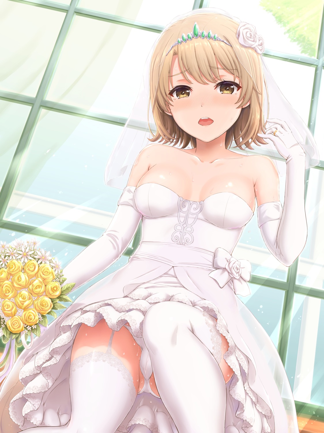 cameltoe dress inanaki_shiki isshiki_iroha no_bra pantsu skirt_lift stockings thighhighs wedding_dress wet yahari_ore_no_seishun_lovecome_wa_machigatteiru.