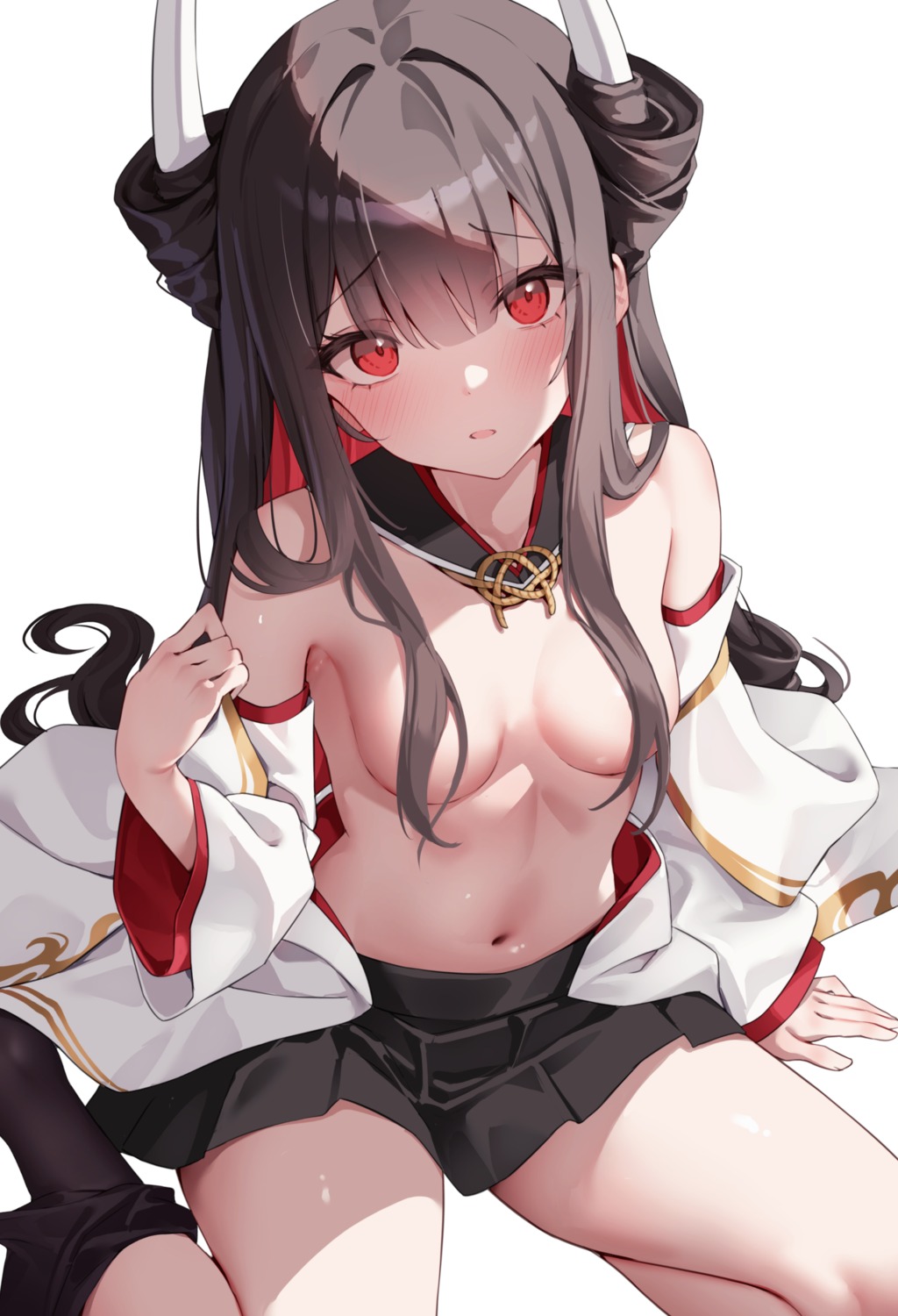 azur_lane breasts classic_(zildjian33) hatsuzuki_(azur_lane) horns loli miko no_bra open_shirt undressing