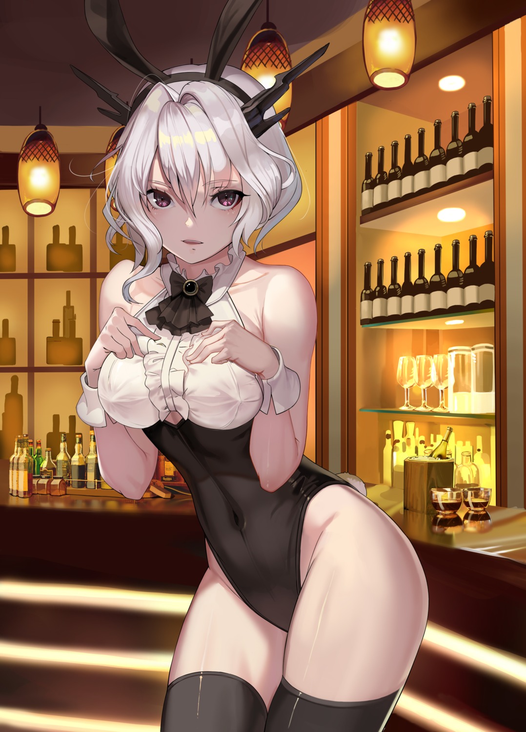 animal_ears arknights breast_hold bunny_ears bunny_girl erect_nipples horns merchant91 tail talulah_(arknights) thighhighs