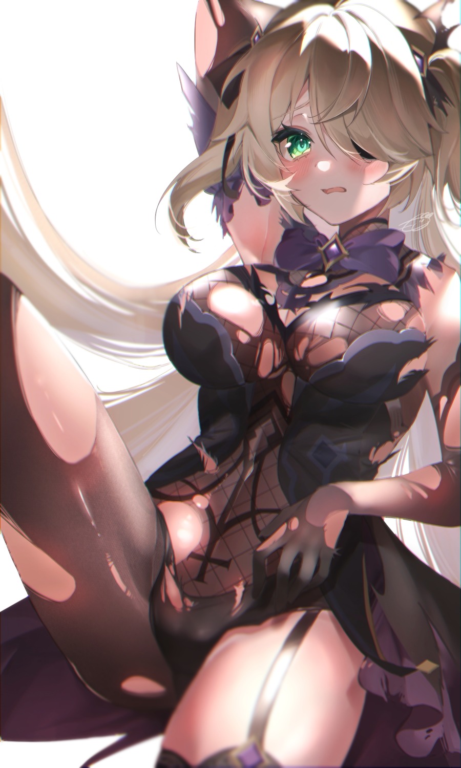 cameltoe eyepatch fischl fishnets genshin_impact moco_(moco_michi) no_bra stockings thighhighs torn_clothes