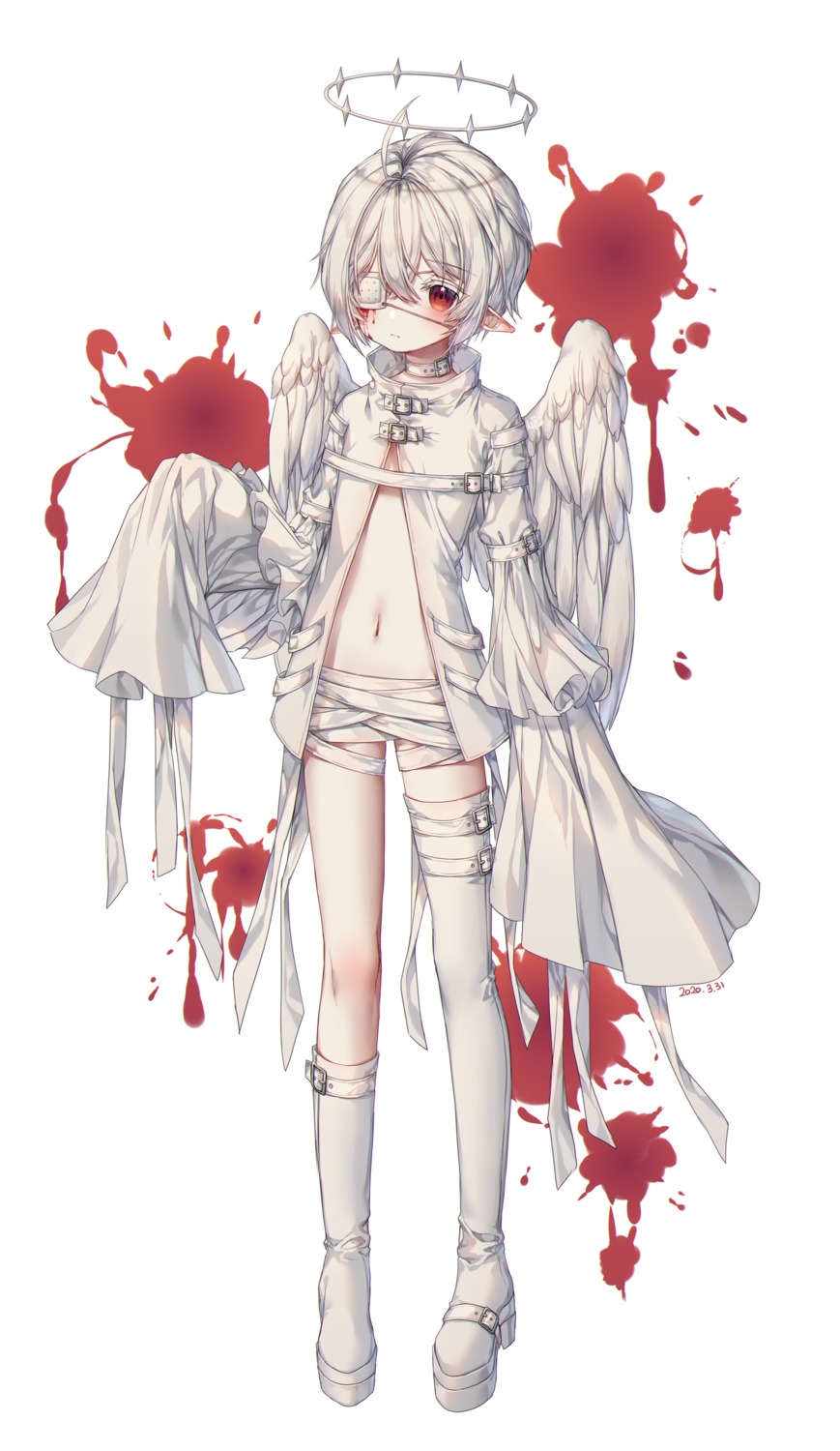 bandages eyepatch male pointy_ears shiro_albino wings