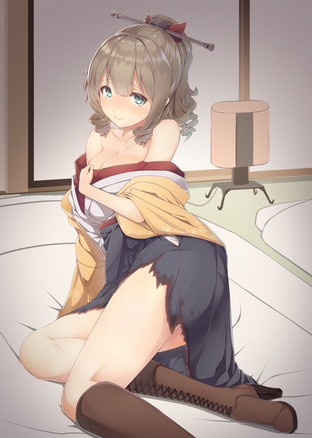 breast_hold cleavage heels japanese_clothes kantai_collection no_bra open_shirt torn_clothes urigarasu