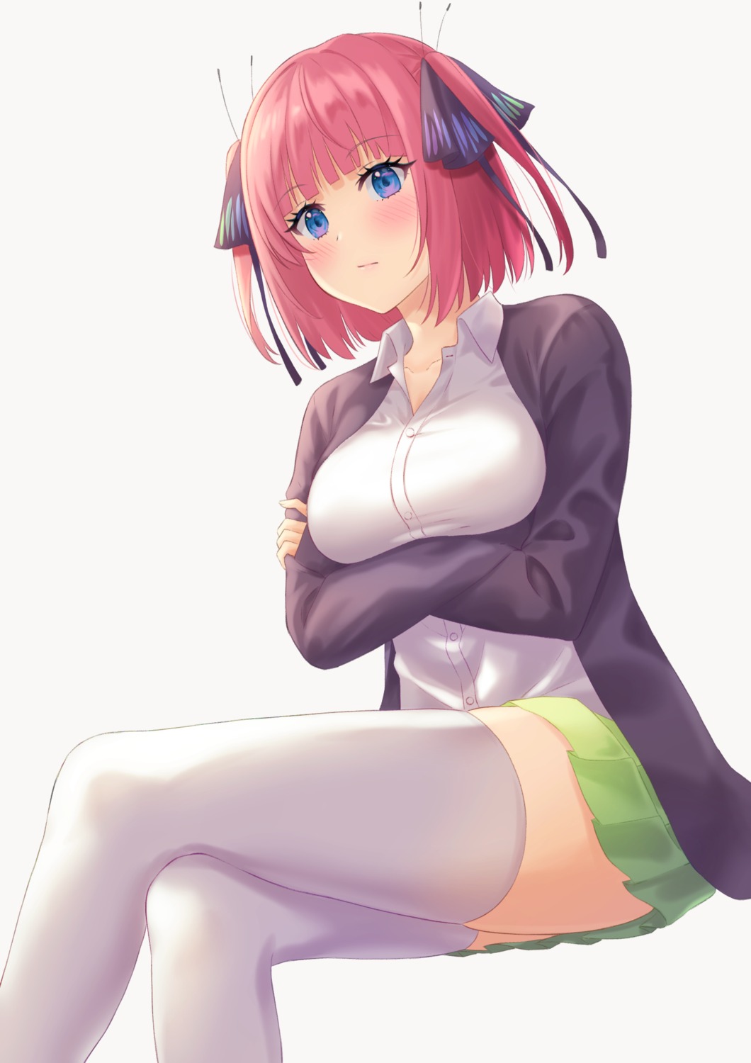 5-toubun_no_hanayome breast_hold hofumaso nakano_nino seifuku sweater thighhighs