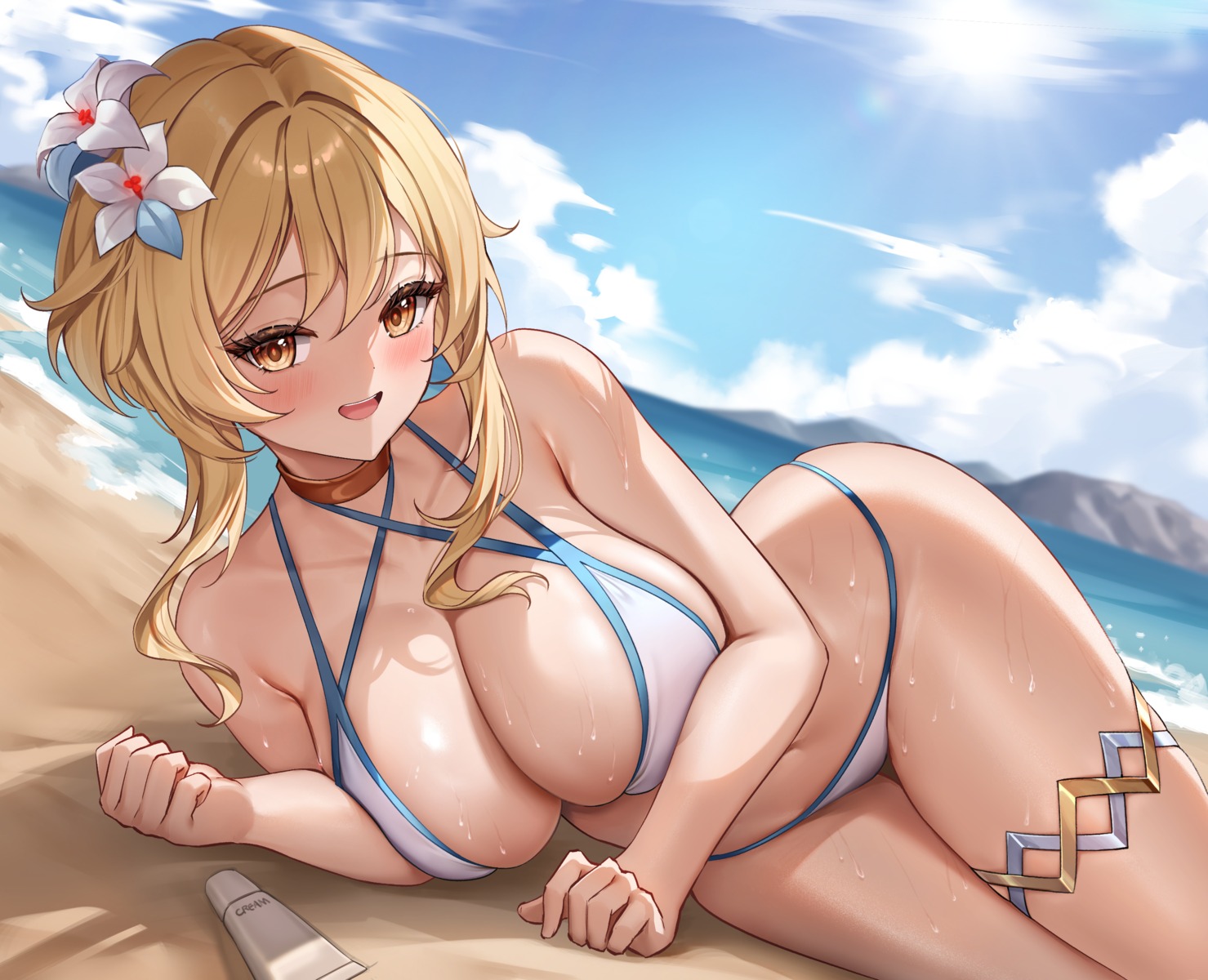 bikini garter genshin_impact lumine lunacle swimsuits wet