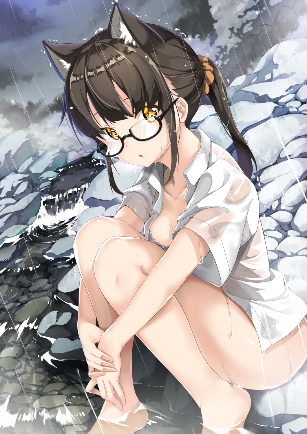 animal_ears bottomless bra dress_shirt jie_laite megane open_shirt see_through wet wet_clothes