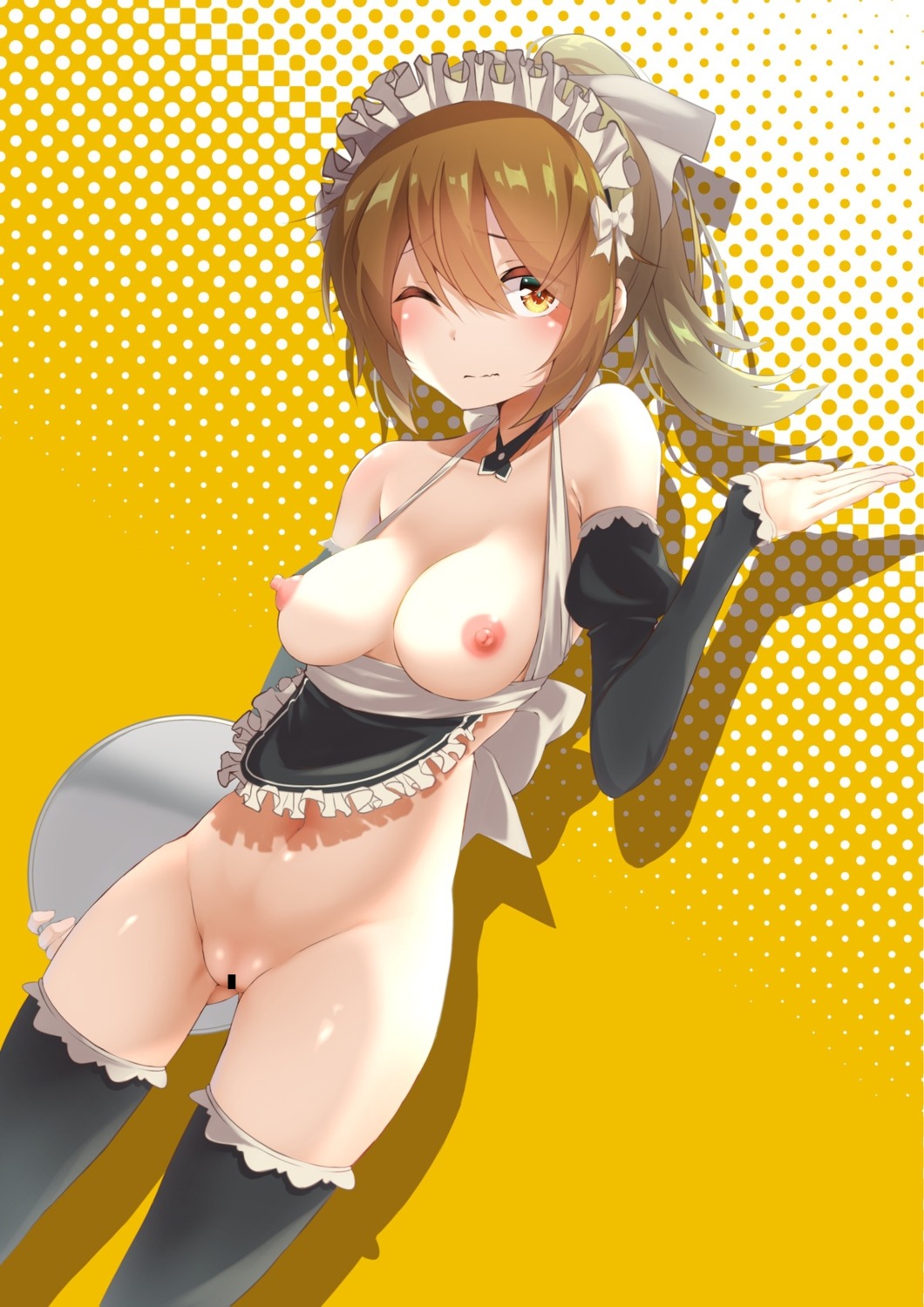 censored maid naked_apron nipples pussy sarujie_(broken_monky) thighhighs waitress