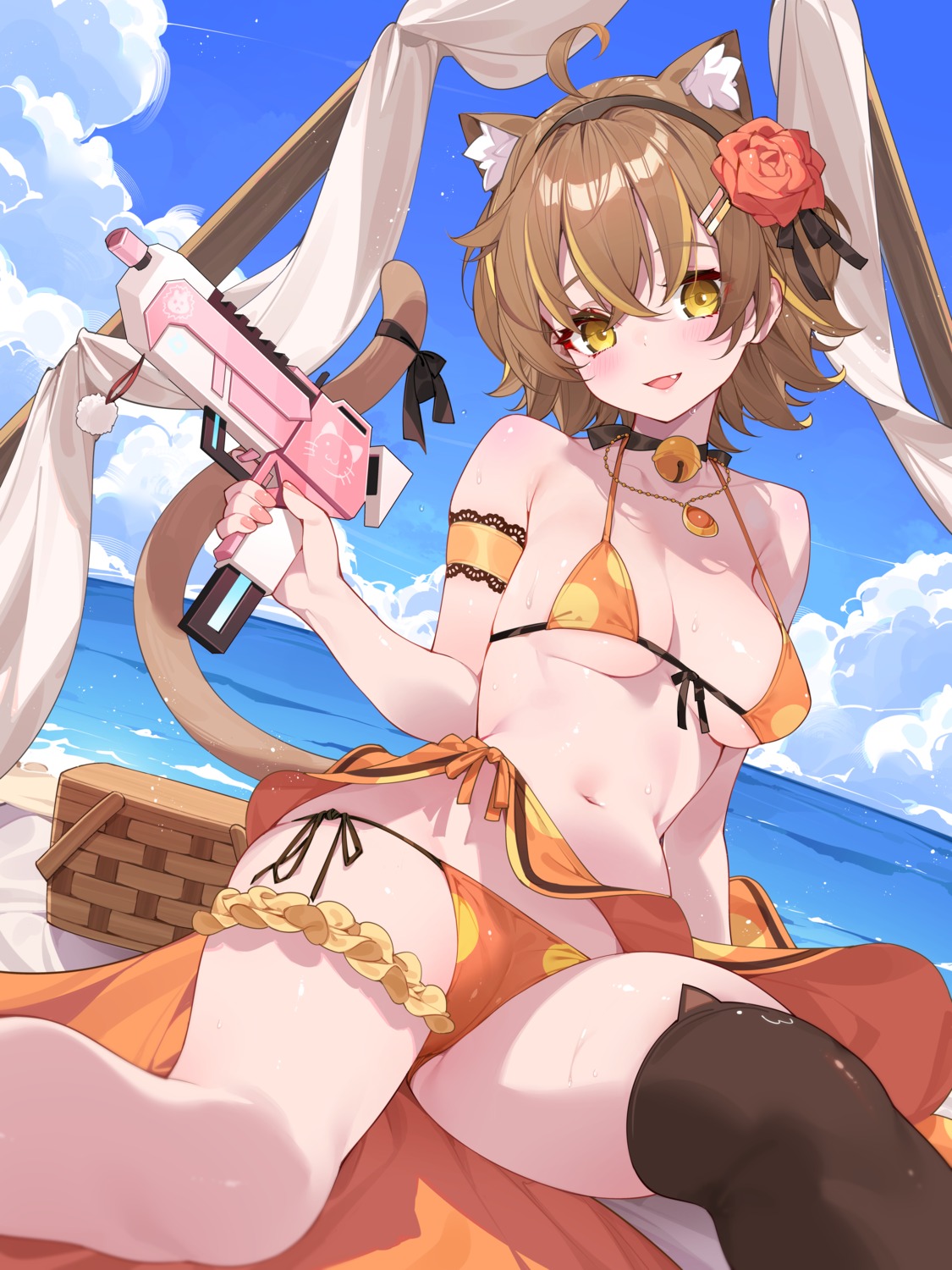 animal_ears annin_miru bikini cameltoe garter gun indie_virtual_youtuber nekomimi swimsuits tail thighhighs waterring wet