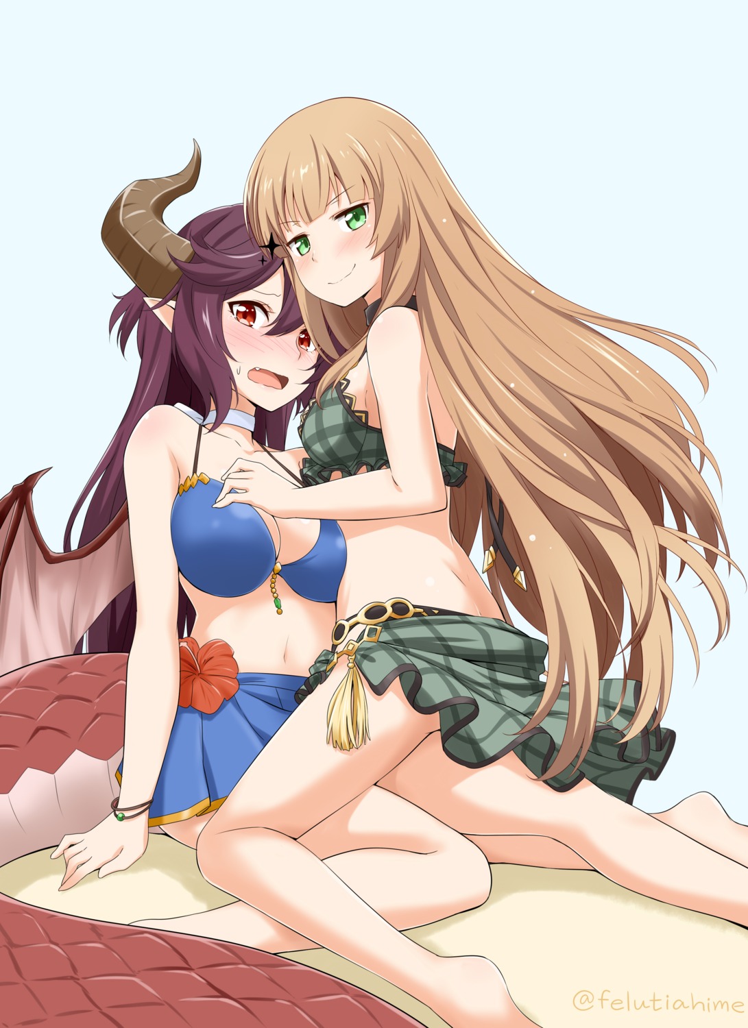 anne_(shingeki_no_bahamut) bikini cleavage felutiahime grea horns pointy_ears shingeki_no_bahamut skirt_lift swimsuits tail wings yuri