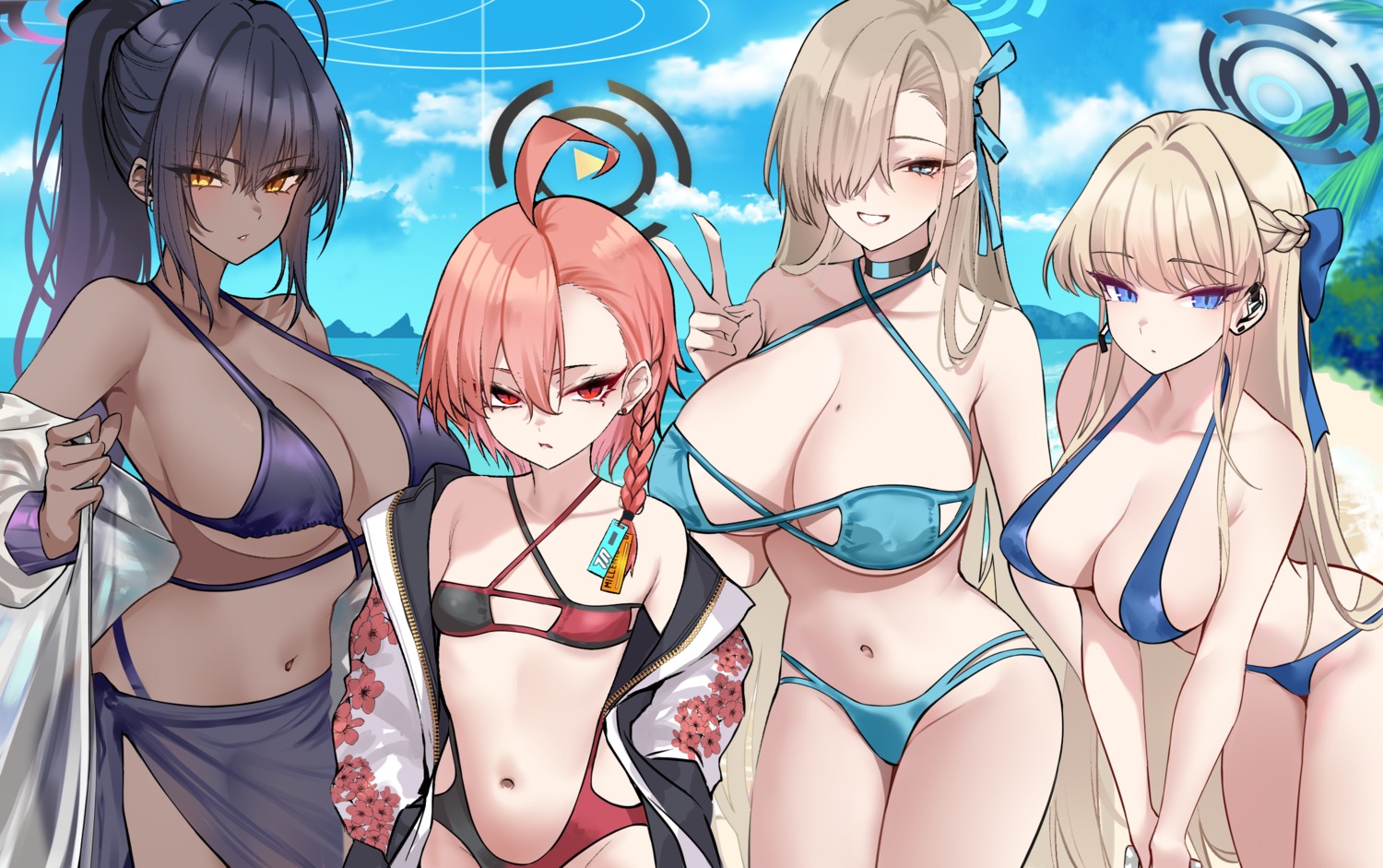 asuma_toki bikini blue_archive halo ichinose_asuna kakudate_karin loli mikamo_neru open_shirt see_through shigure swimsuits