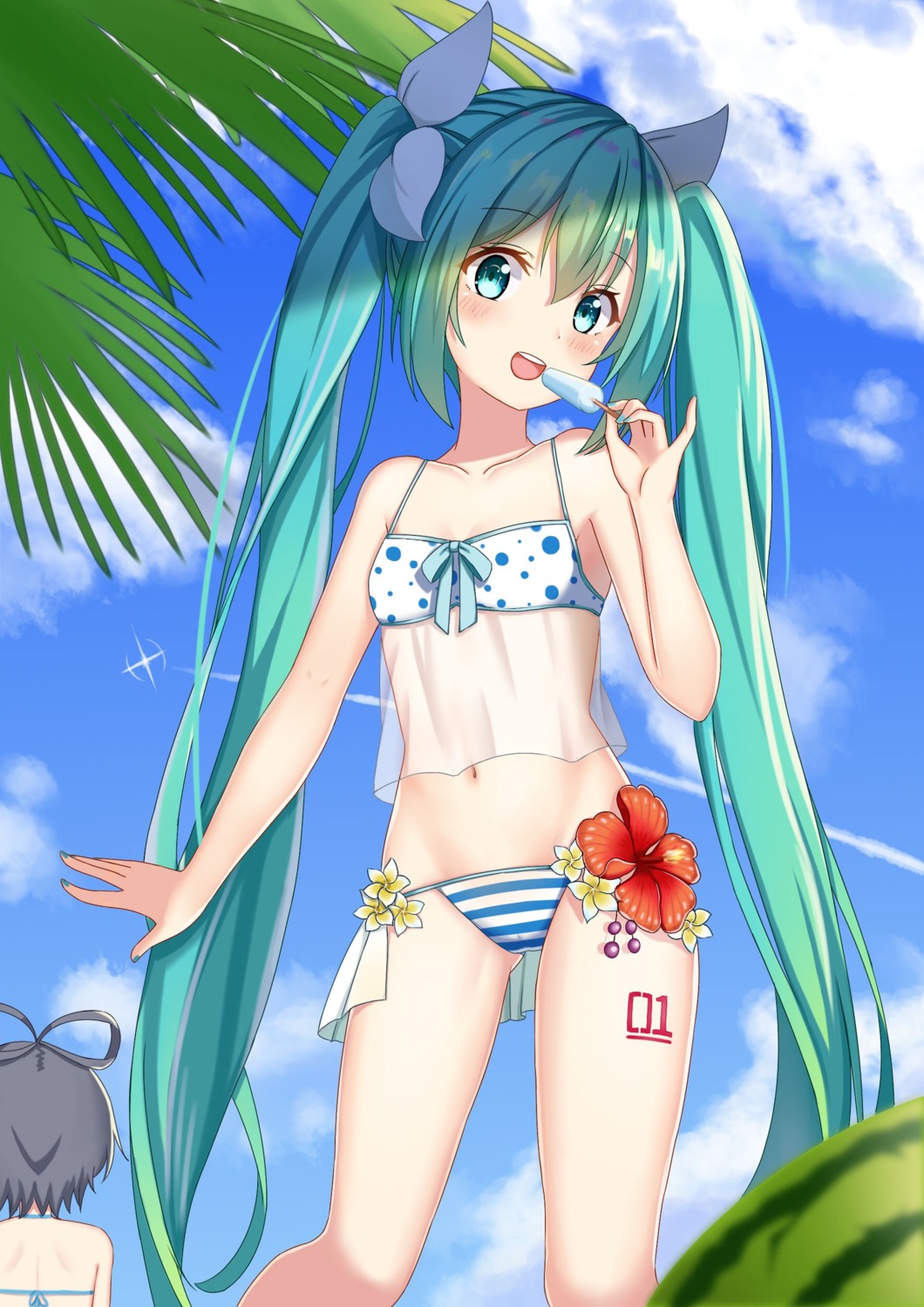 bikini cameltoe cleavage hatsune_miku plate see_through swimsuits tattoo vocaloid