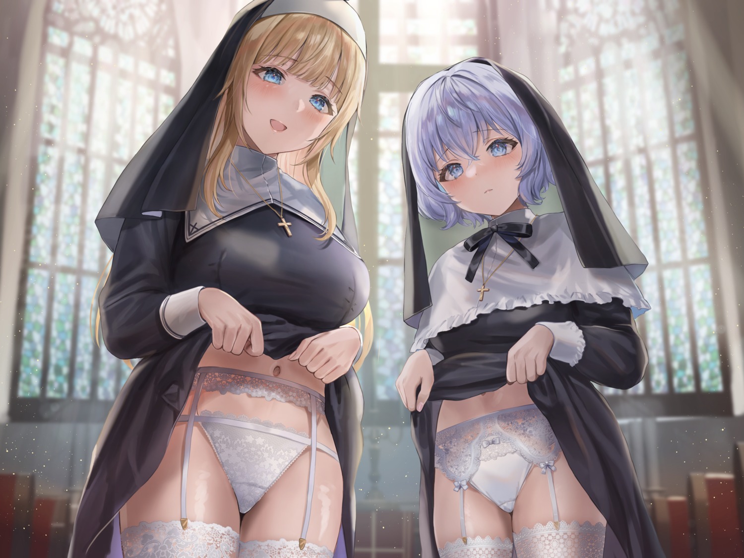 artist_revision garter_belt nun pantsu sakamuke skirt_lift stockings thighhighs