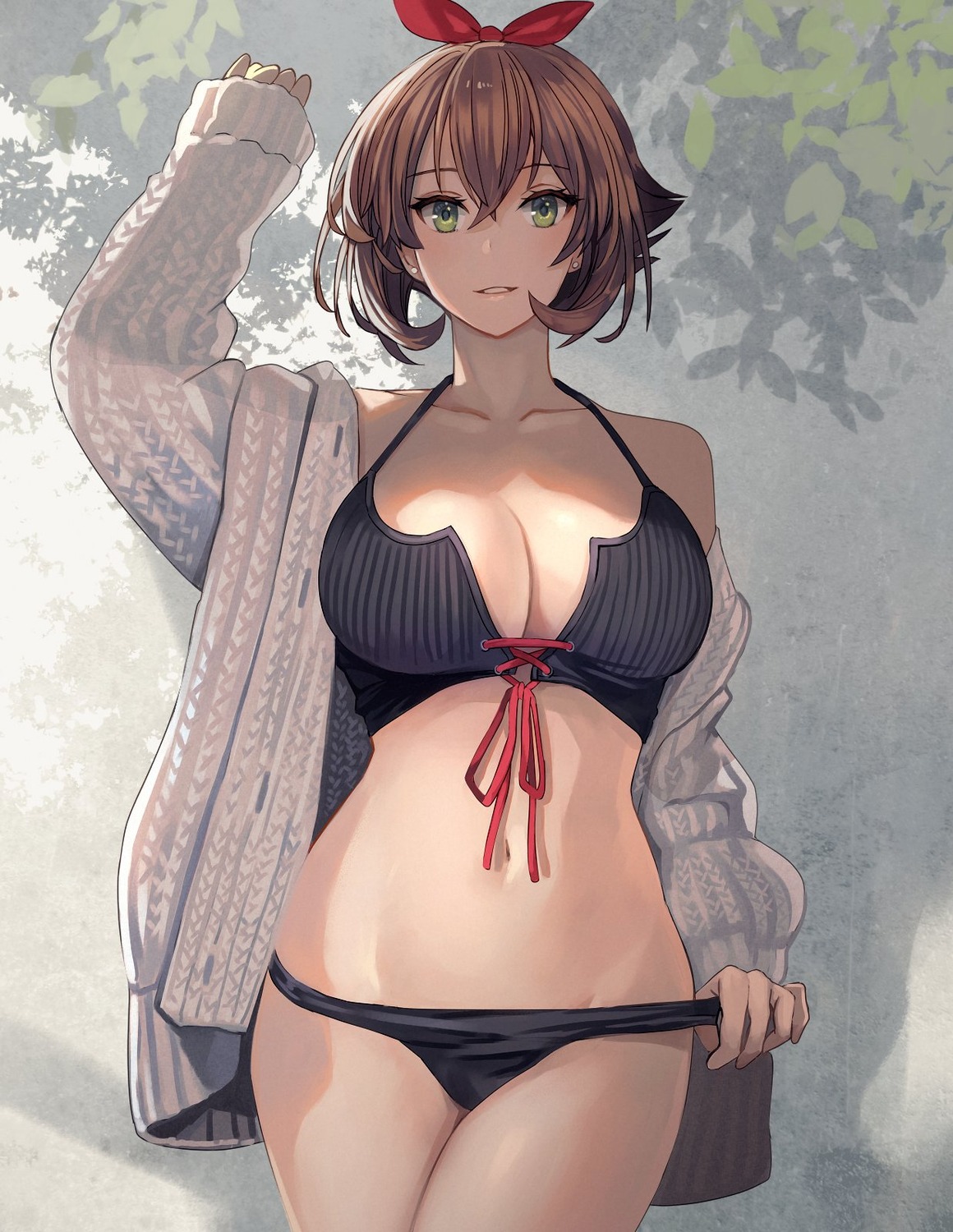 bra kantai_collection kasumi_(skchkko) mutsu_(kancolle) open_shirt pantsu panty_pull sweater undressing