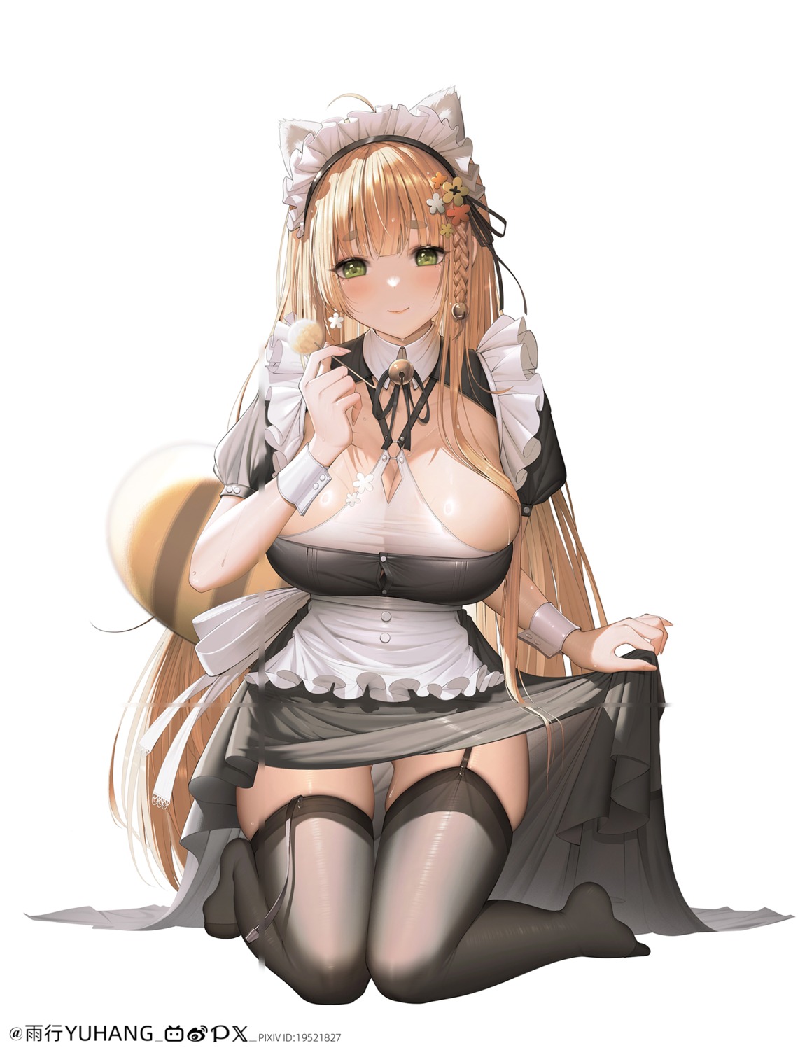 animal_ears maid no_bra skirt_lift stockings tail thighhighs yuxing_yuhang