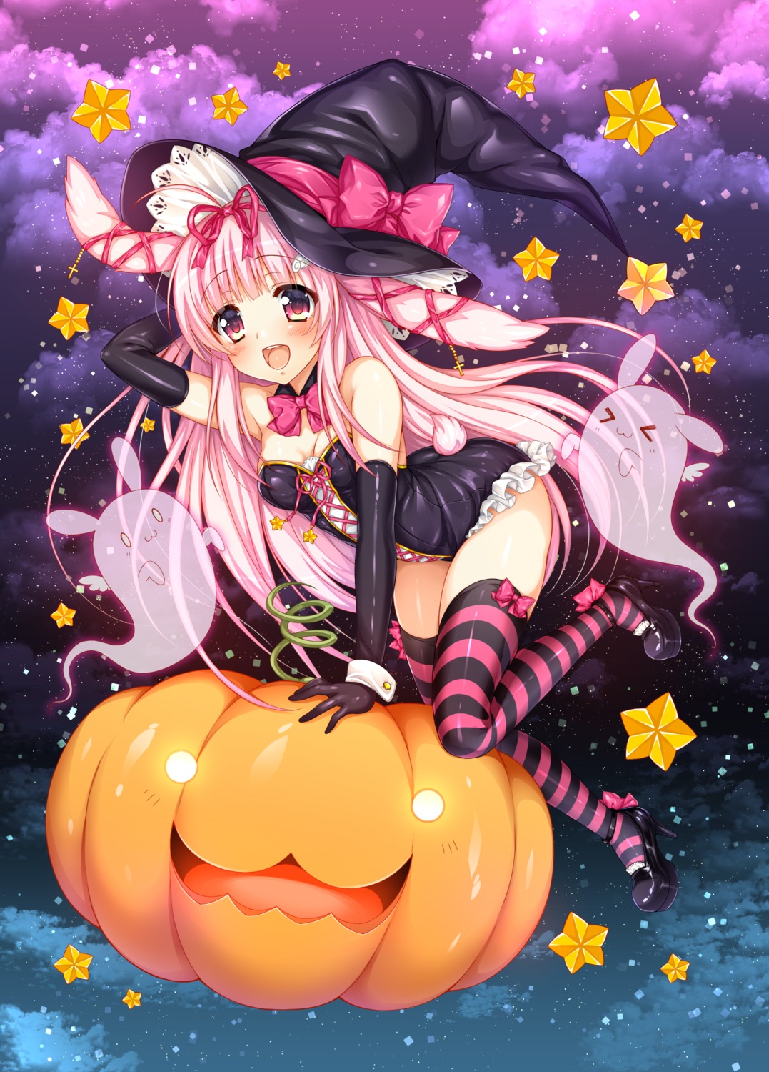 akashi_(akashimichi) animal_ears bunny_ears cleavage halloween heels no_bra tail thighhighs witch