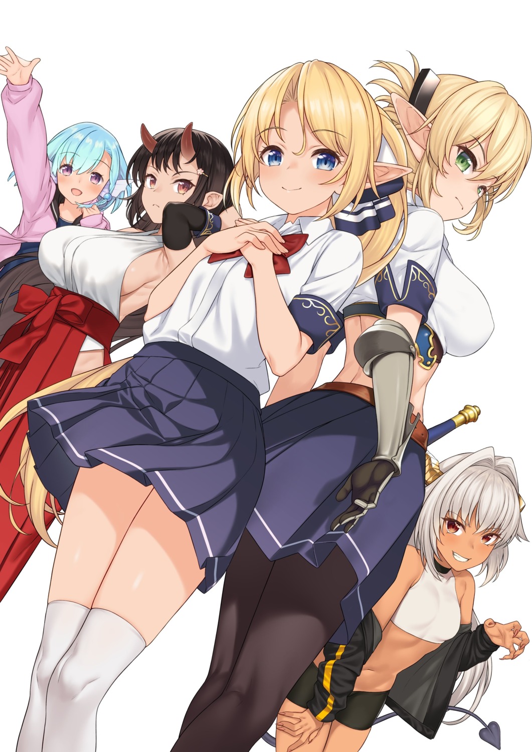 aegis_tia_aederlinde armor elf elliot_leucosia enjo_kouhai horns iris_tia_aederlinde miko no_bra nopan origamine_ouka pantyhose pointy_ears seifuku skirt_lift sweater sword tail takunomi thighhighs ursula_y_ddraig