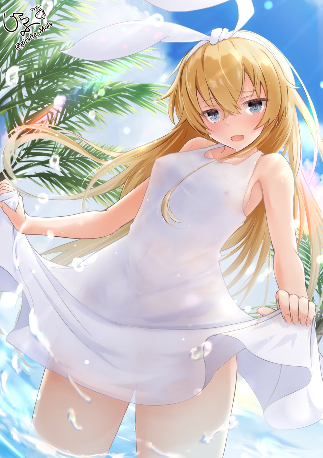 dress erect_nipples giraffe_(ilconte) kantai_collection nipples no_bra see_through shimakaze_(kancolle) skirt_lift summer_dress wet wet_clothes