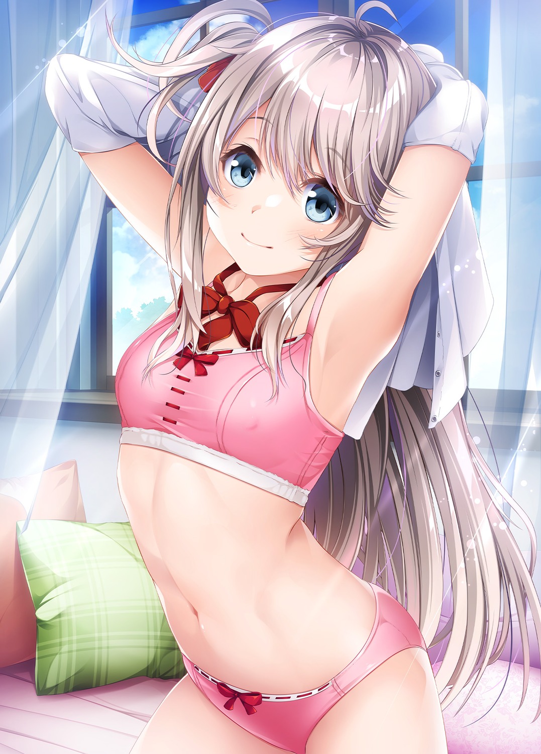 bra chigasaki_anzu dakikano erect_nipples kurono_mitsuki open_shirt pantsu seifuku